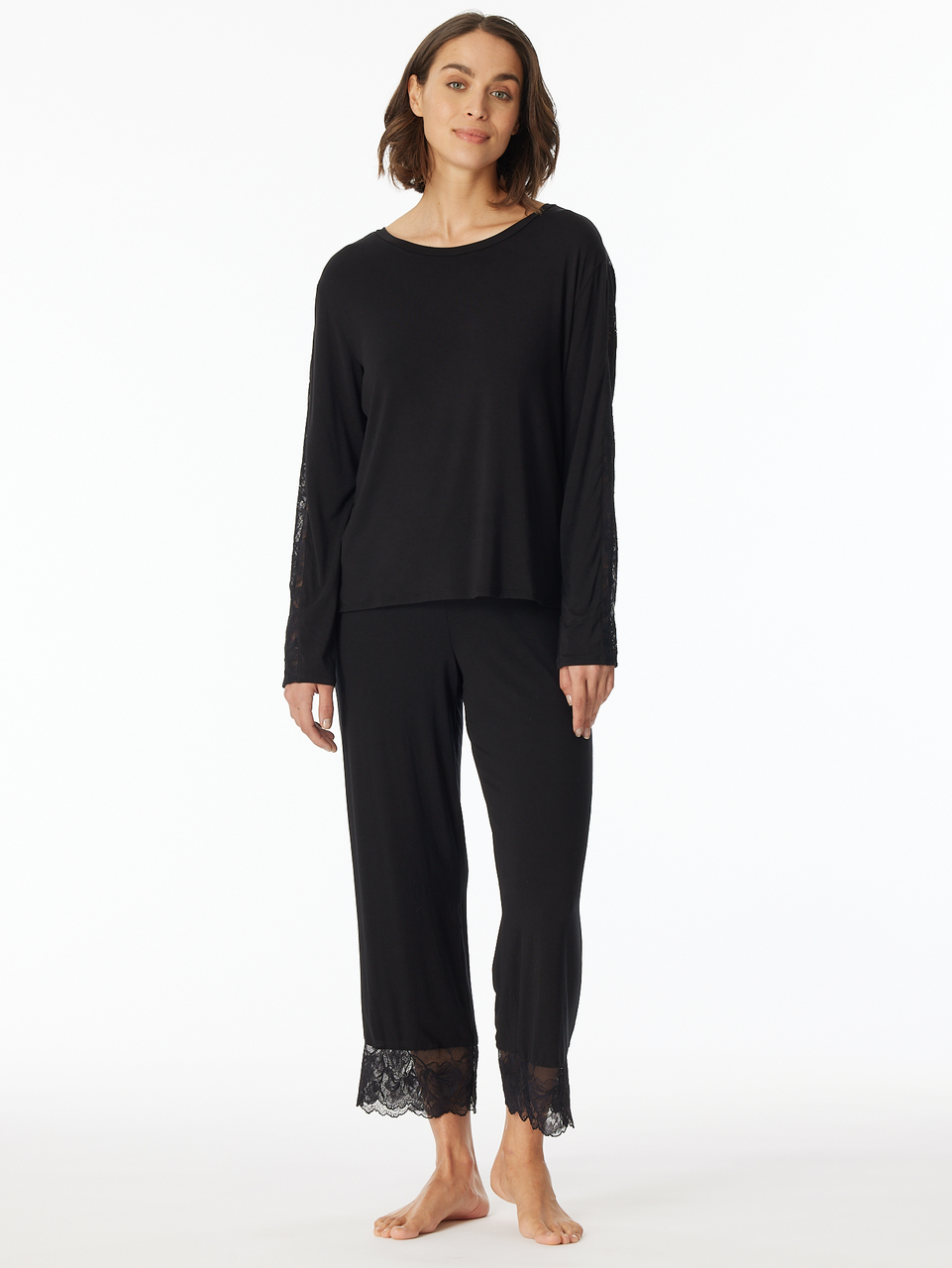 SCHIESSER Sensual Premium pyjamaset, dames pyjama lang 7/8 broek modal kant zwart