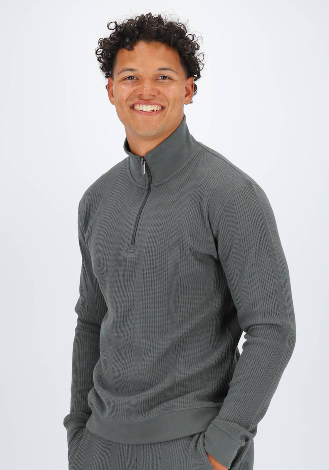 BOSS Structure Half Zip, heren lounge trui, grijs-groen BOSS Structure Half Zip, heren lounge trui, grijs-groen