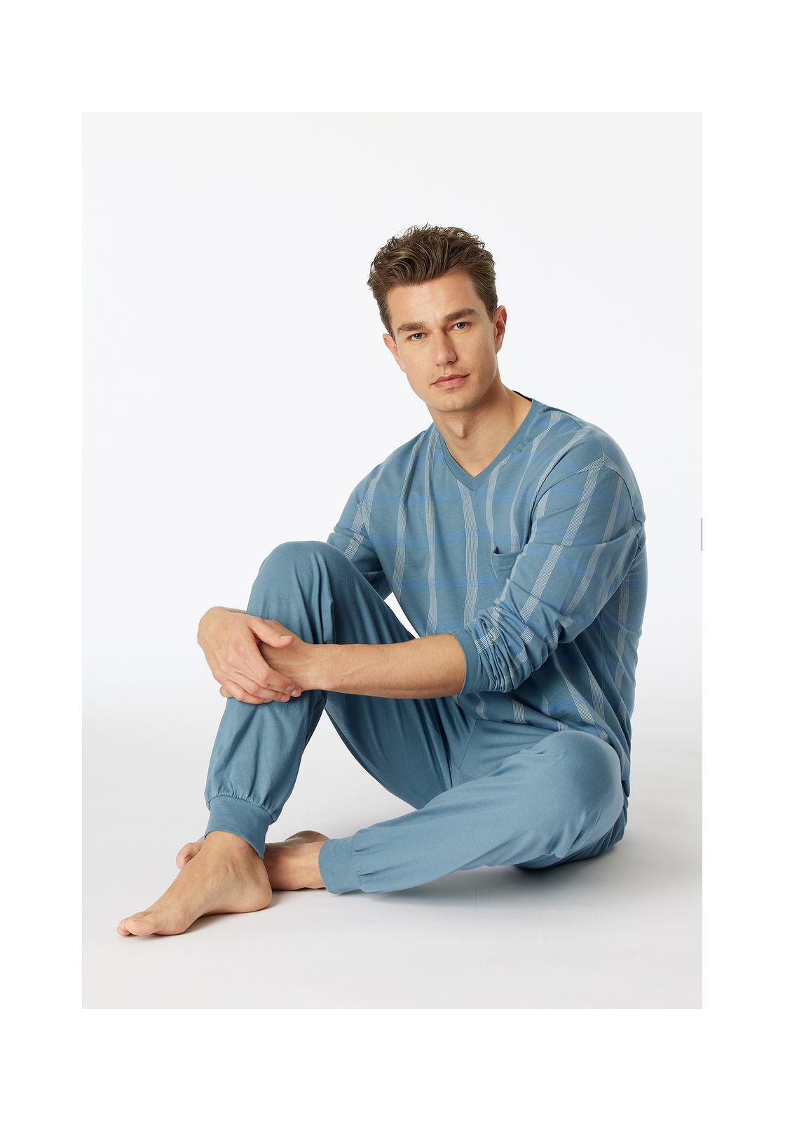 image_8_181162-808_5_1280x1280 SCHIESSER Comfort Nightwear pyjamaset, heren pyjama lang organic cotton V-hals manchetten borstzak blauw-grijs geruit
