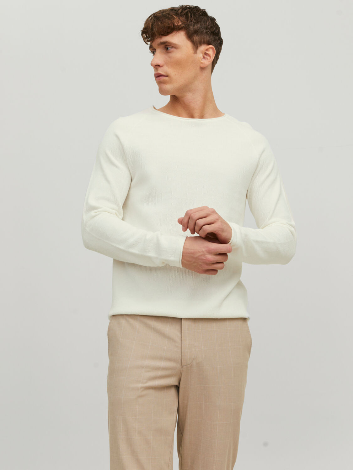JACK & JONES Hill knit crew neck slim fit, heren pullover katoen met O-hals, offwhite