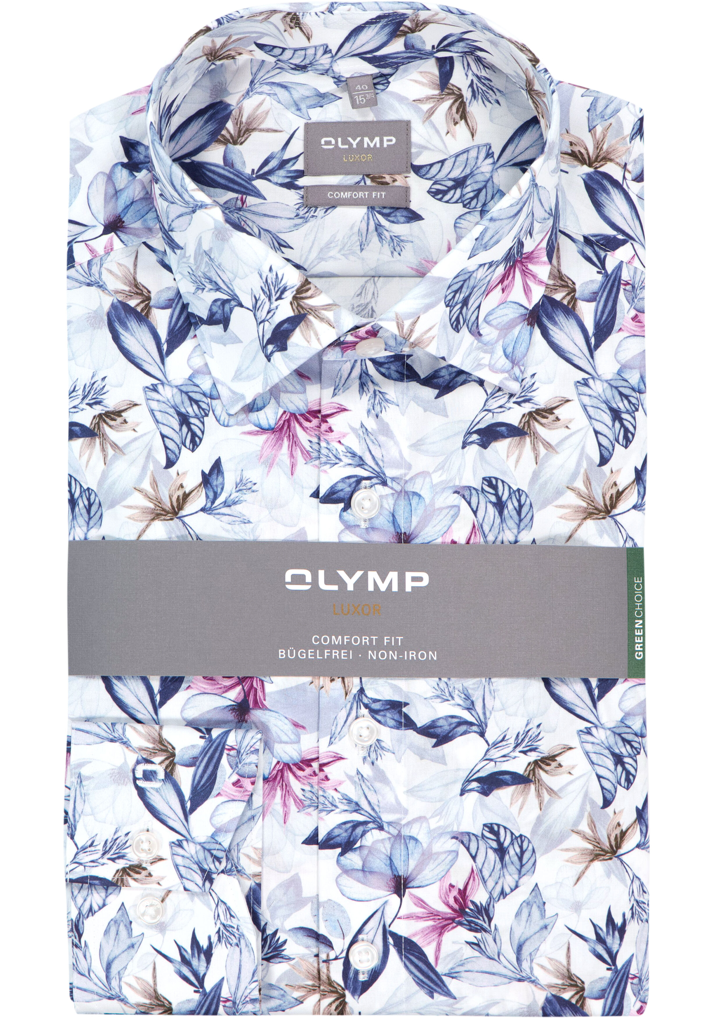 OLYMP Luxor comfort fit overhemd, dobby, wit met blauw en roze bloemen dessin