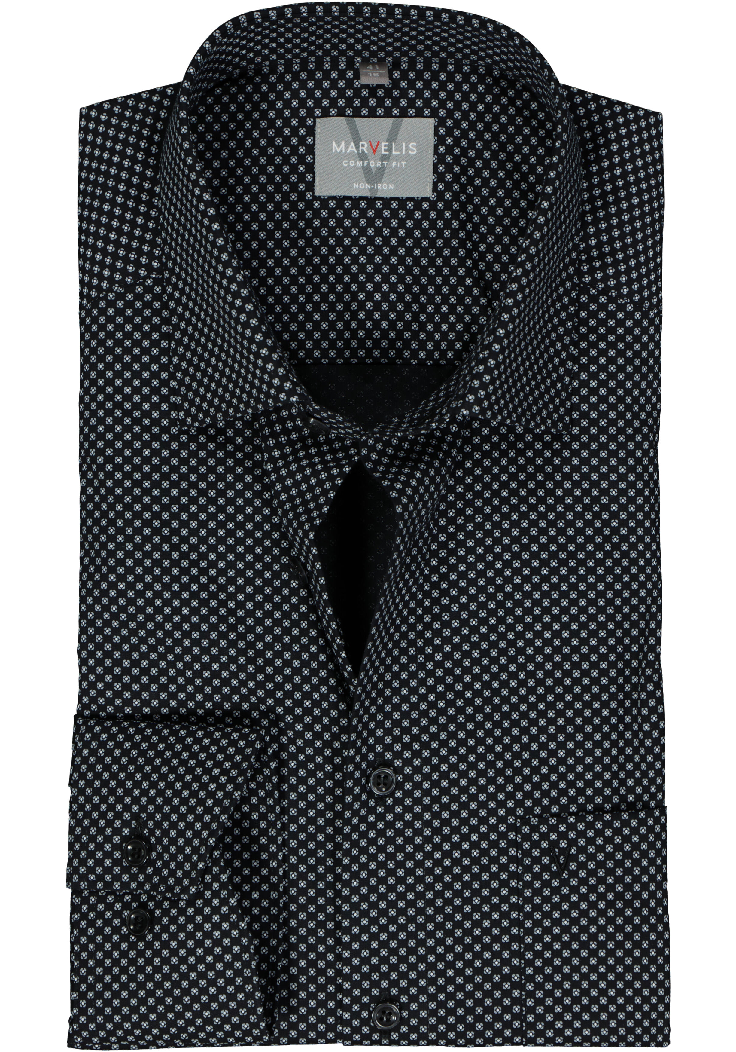 MARVELIS comfort fit overhemd, popeline, zwart met grijs en wit dessin