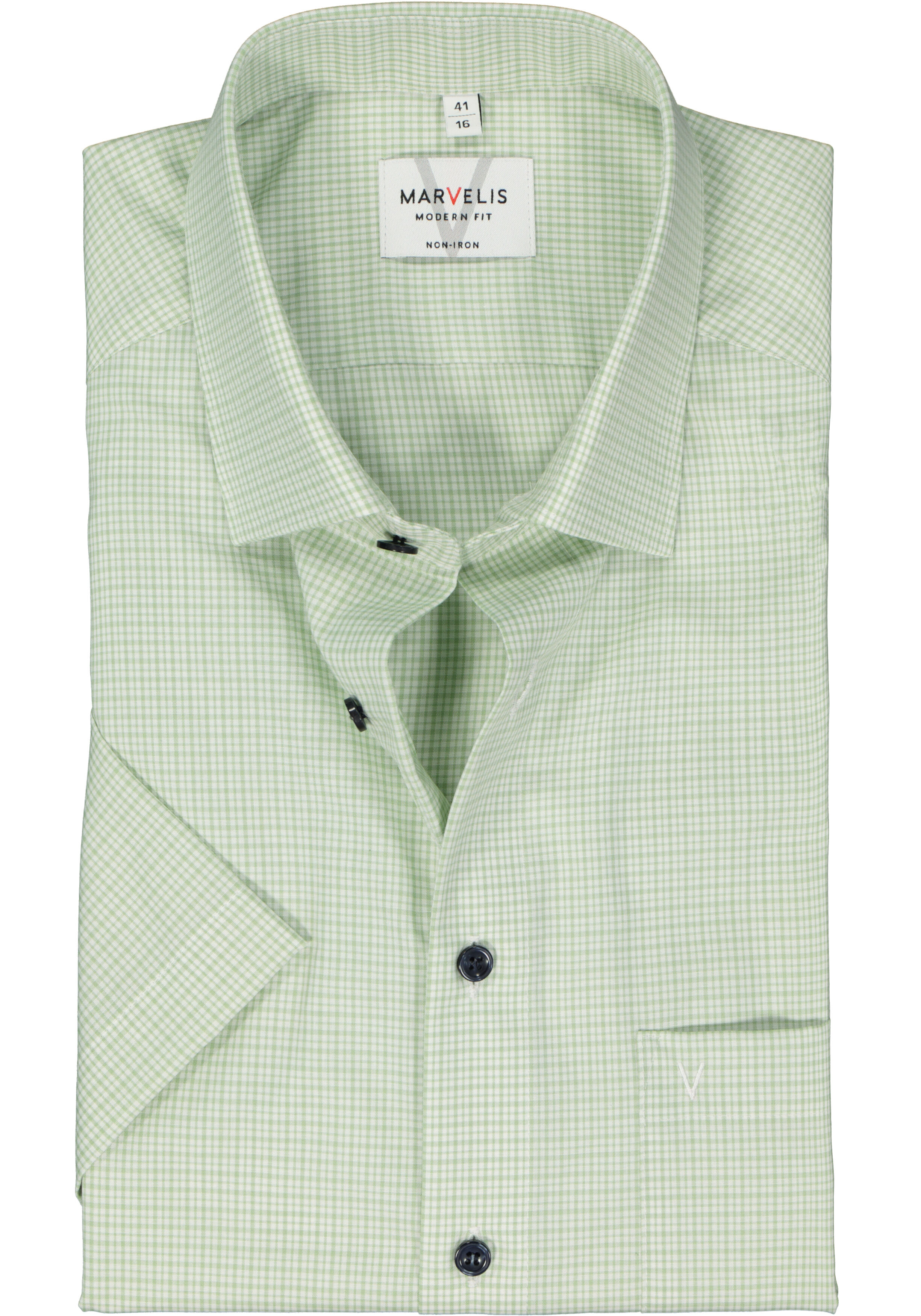 MARVELIS modern fit overhemd, korte mouw, popeline, lichtgroen met wit geruit