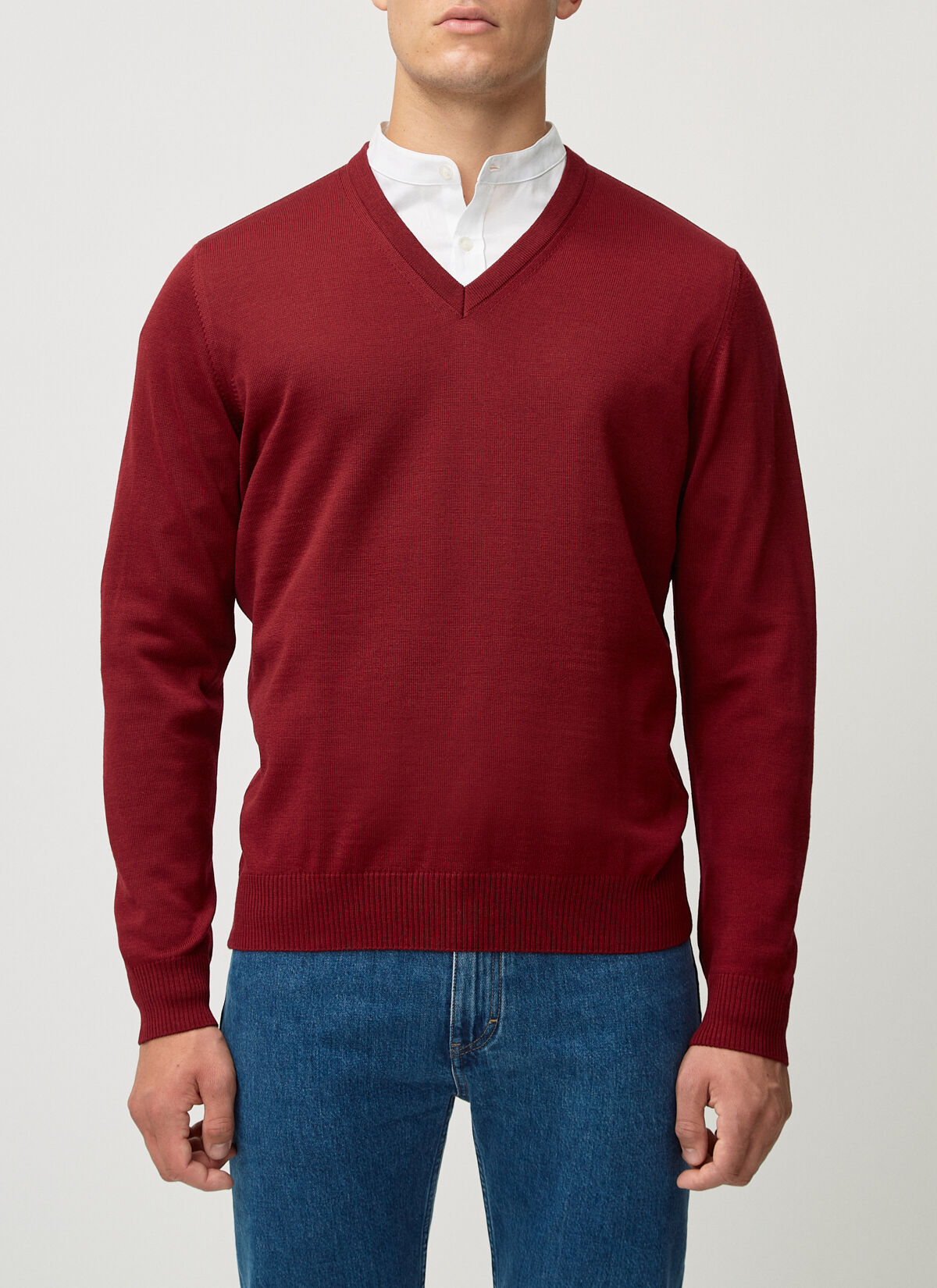 MAERZ Classic Fit heren trui met V-hals wol, wijnrood