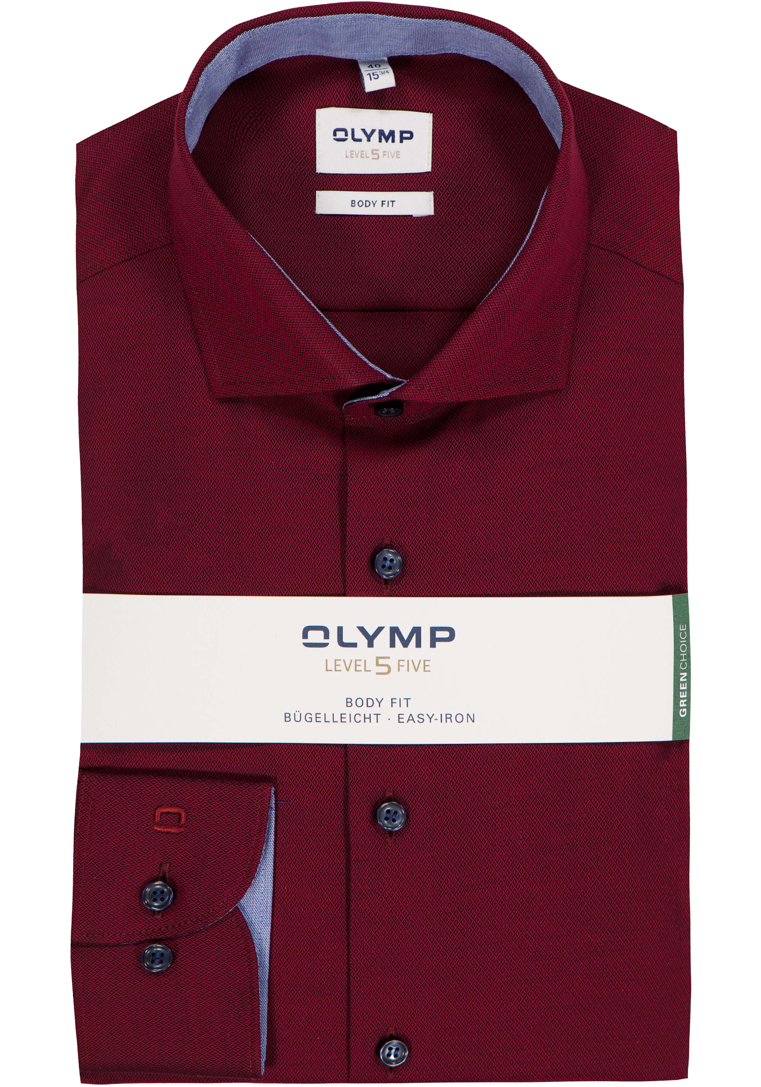 OLYMP Level 5 body fit overhemd, bordeaux rood structuur (blauw contrast)