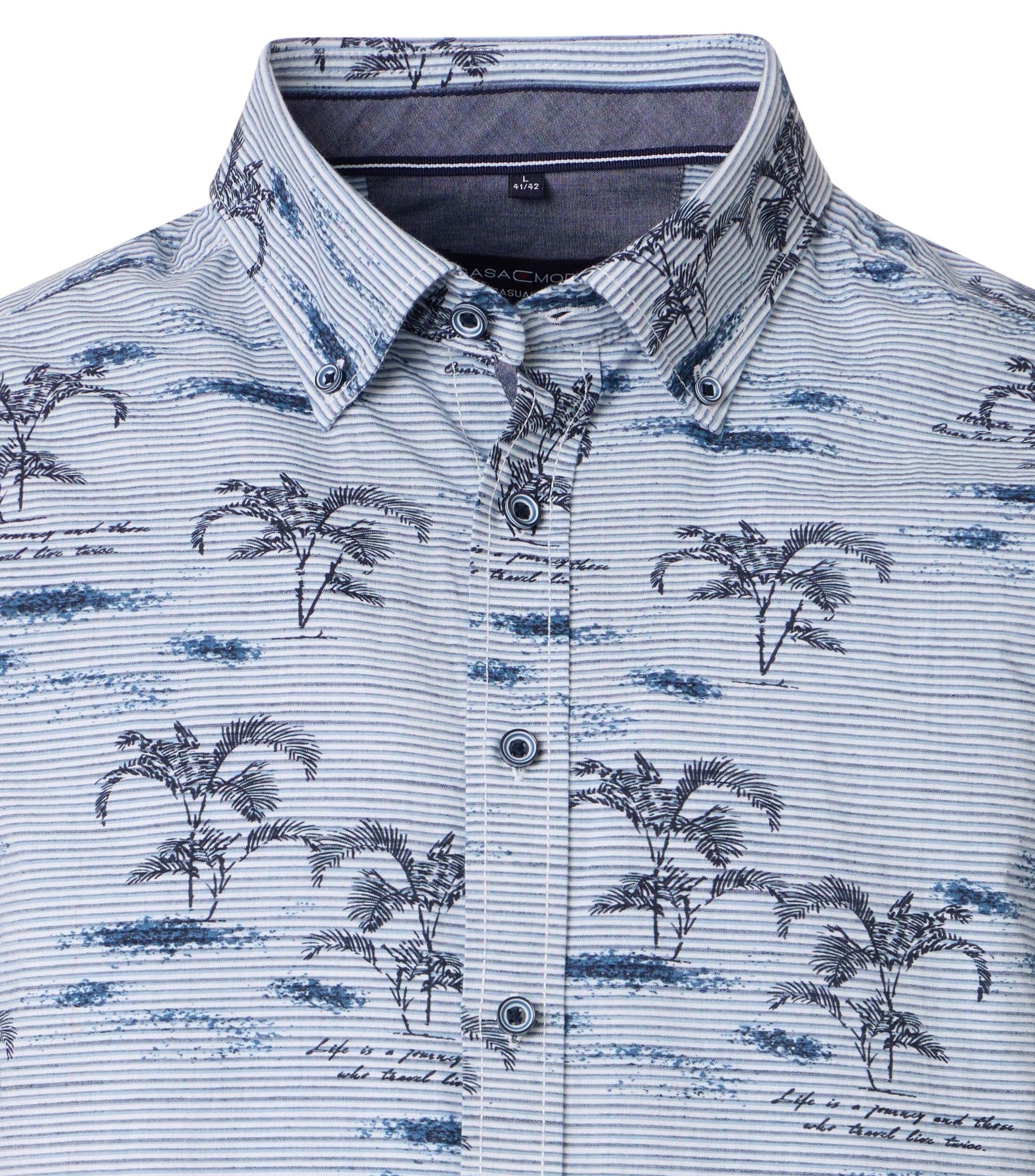 CASA MODA Sport casual fit overhemd, korte mouw, chambray, blauw en wit gestreept met palmbomen dessin