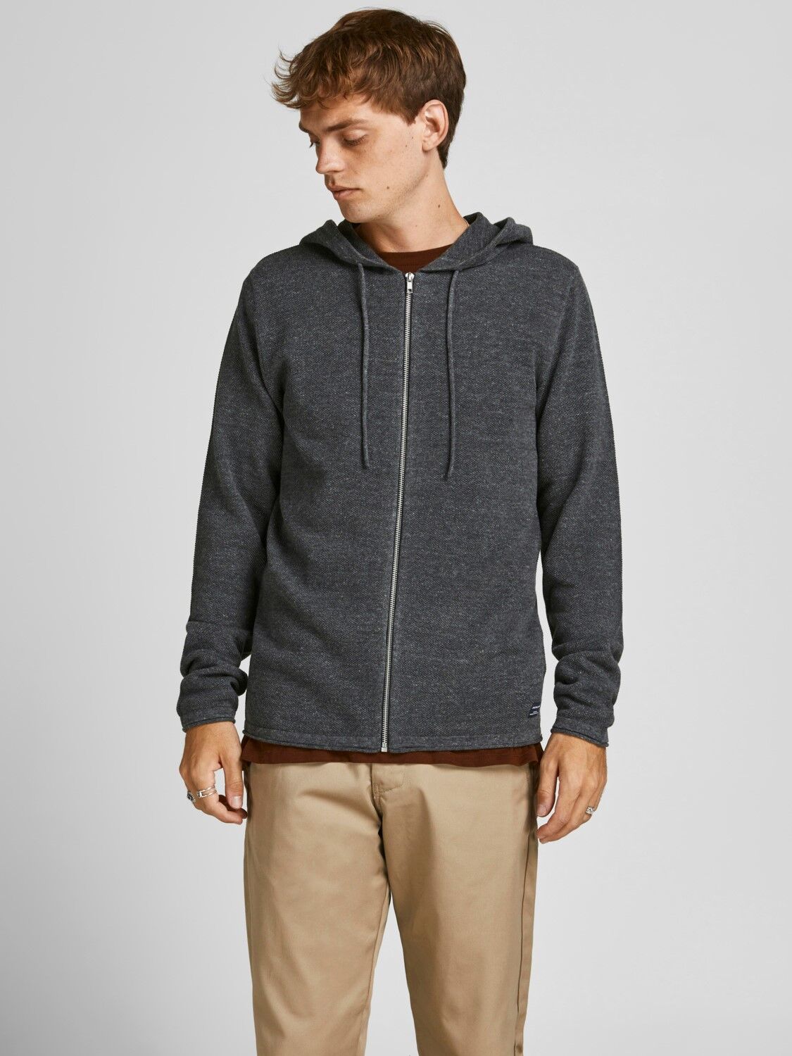 JACK & JONES Hill knit cardigan slim fit, heren vest katoen met capuchon, donkergrijs melange melange
