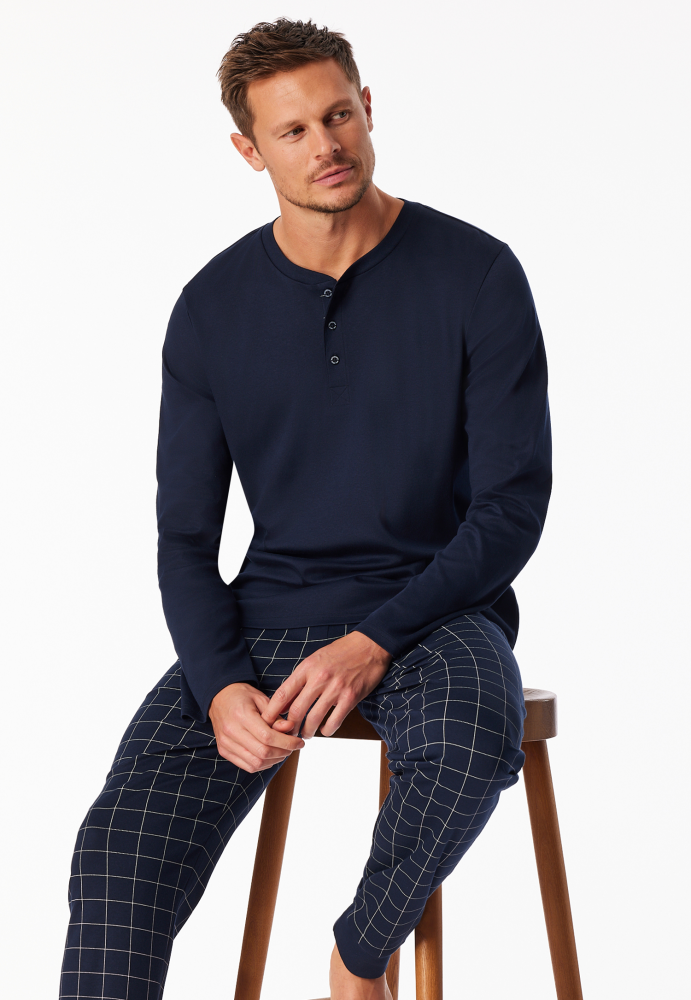 SCHIESSER Fine Interlock Pyjama lang, heren pyjama set, nachtblauw geruit
