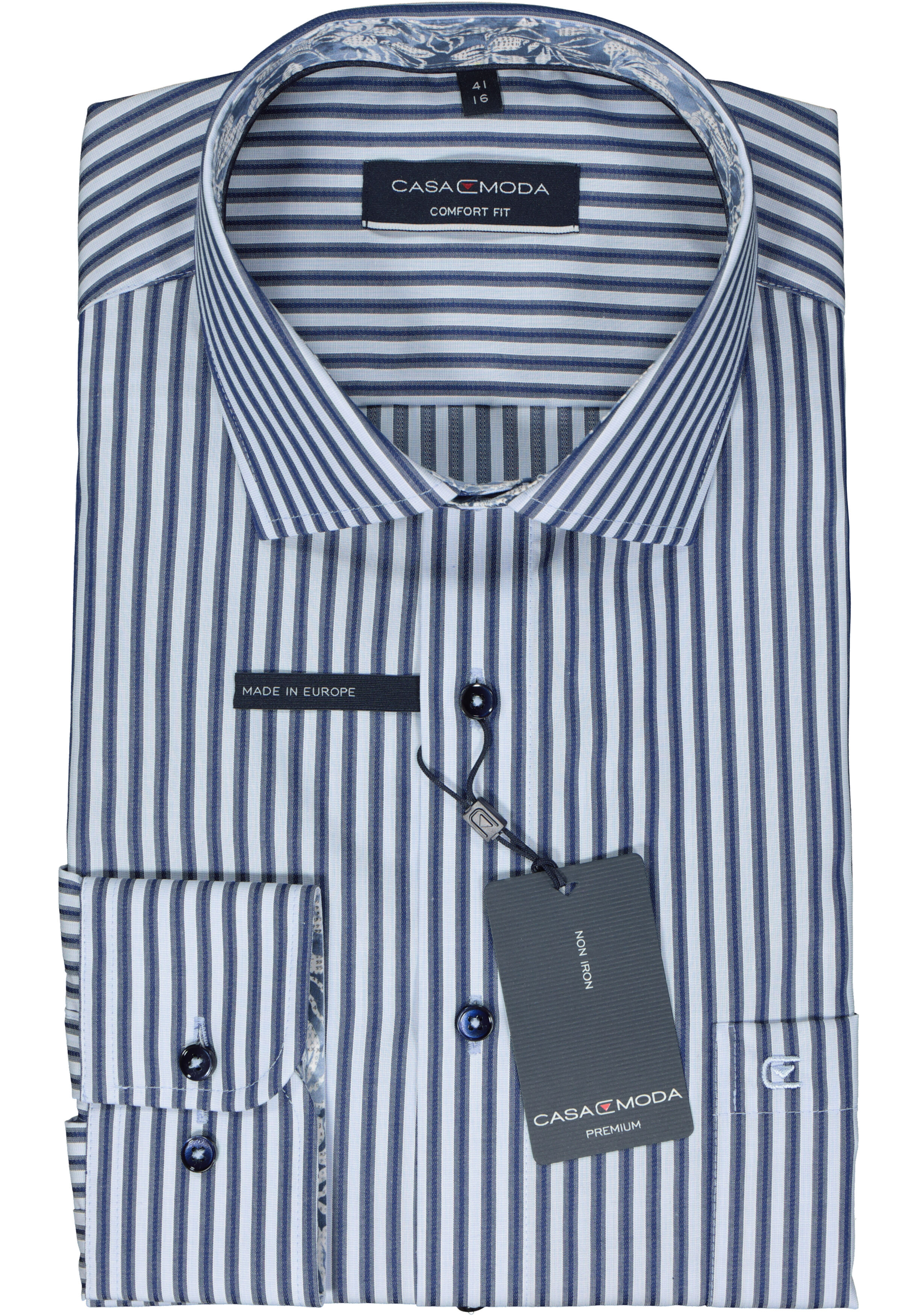 CASA MODA comfort fit overhemd, dobby, blauw met wit en grijs gestreept