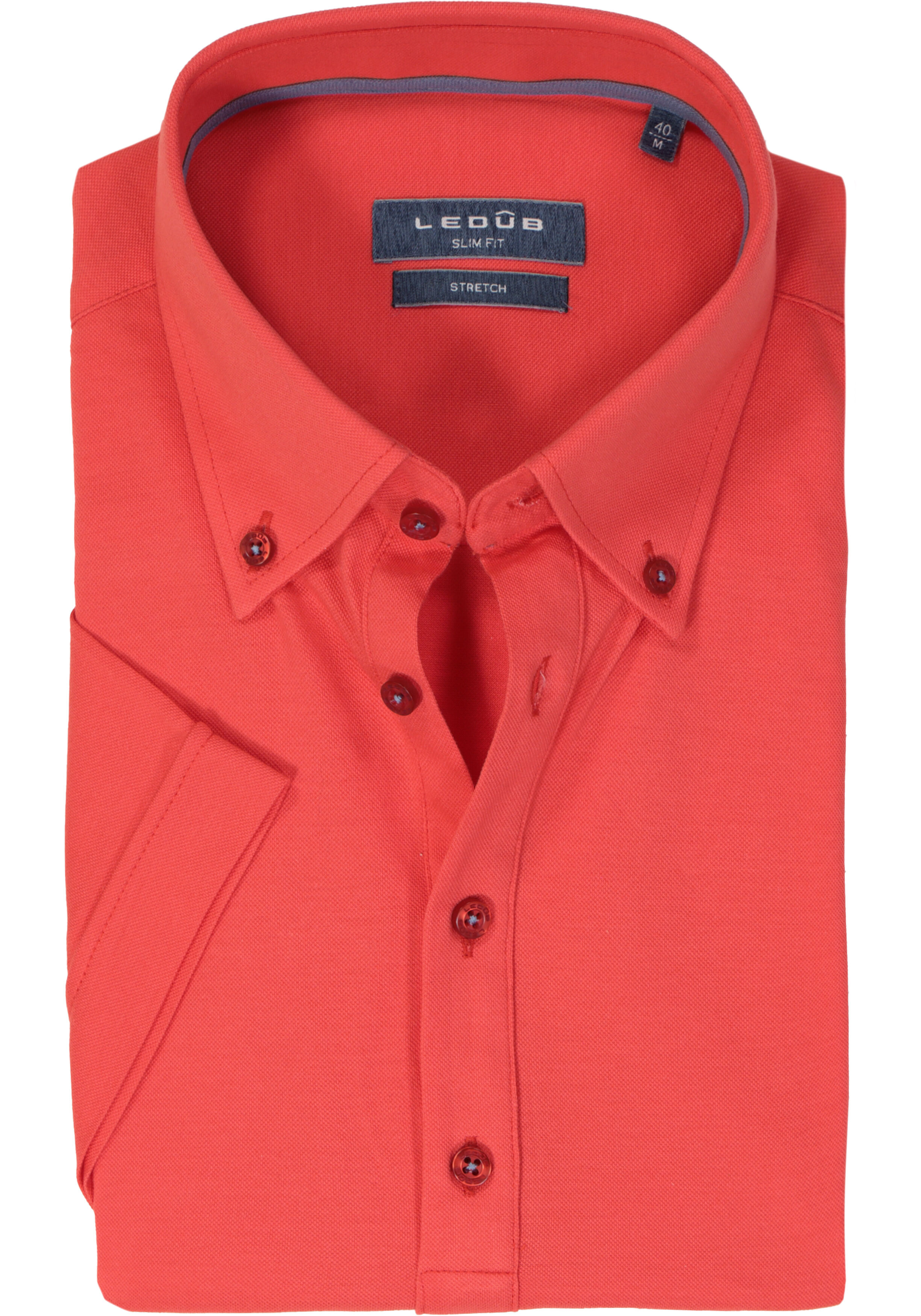 Ledub slim fit overhemd, korte mouw, koraal oranje tricot