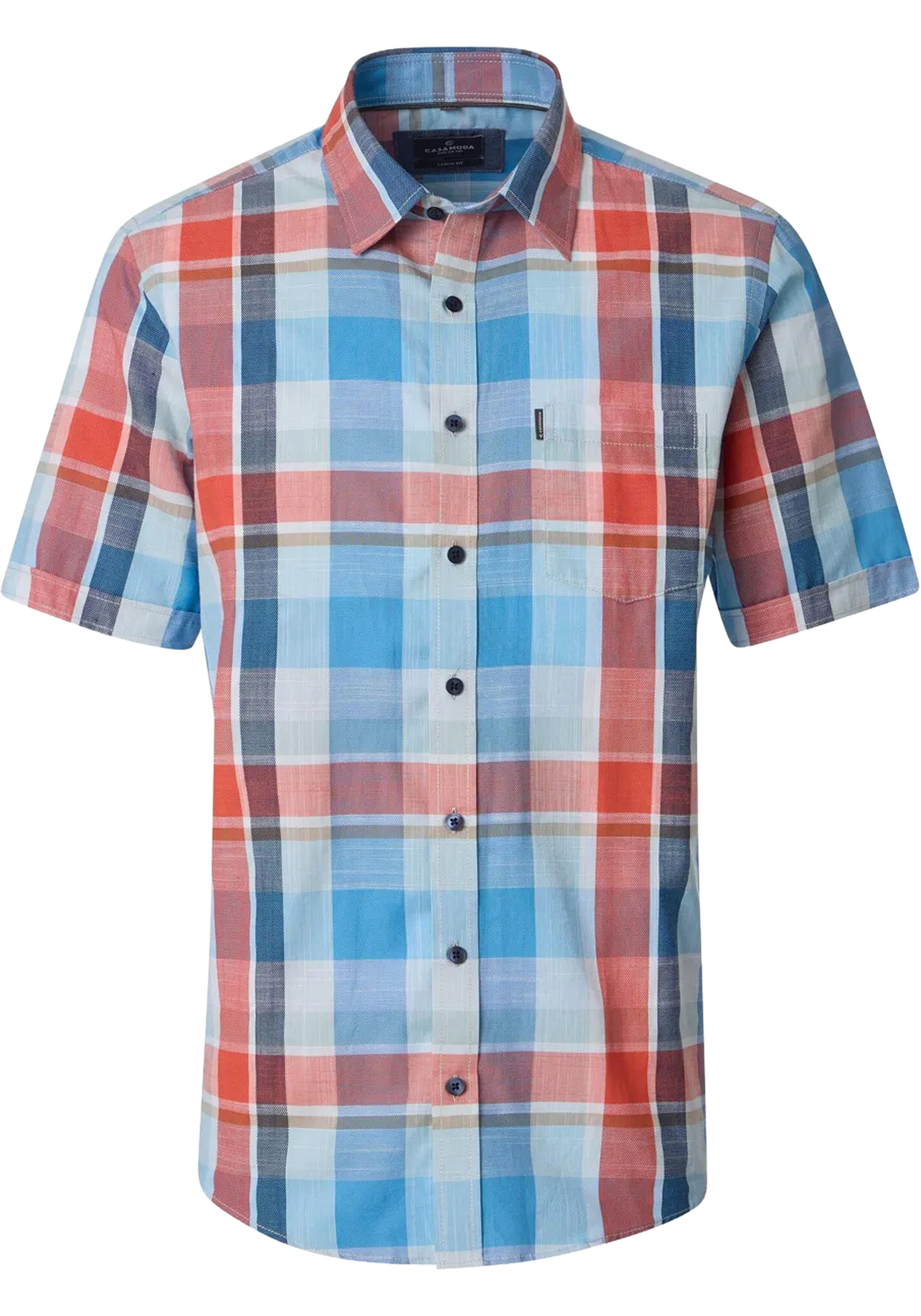 CASA MODA Sport casual fit overhemd, korte mouw, chambray, blauw, oranje, wit geruit
