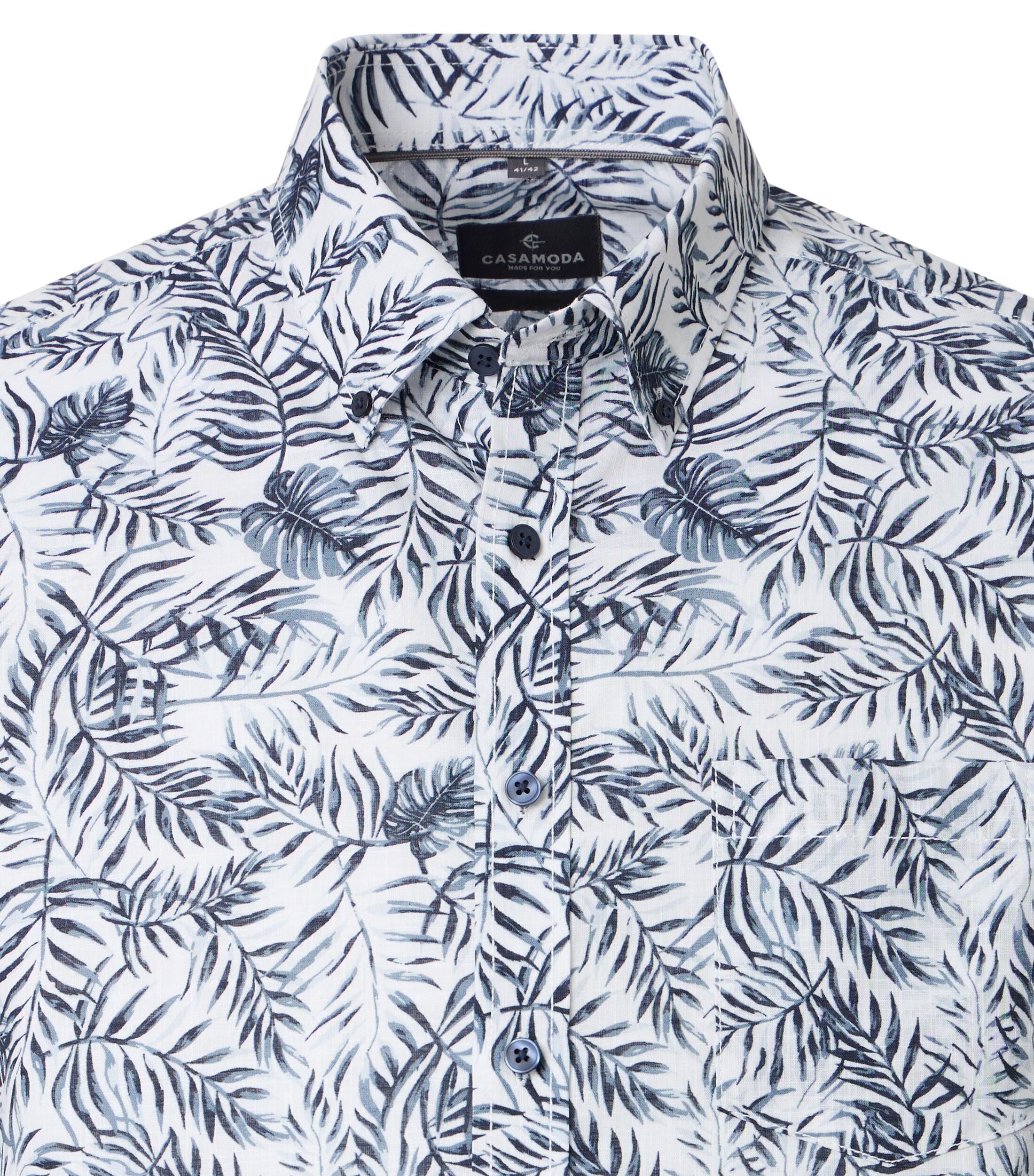 CASA MODA Sport casual fit overhemd, korte mouw, chambray, wit, donkerblauw dessin