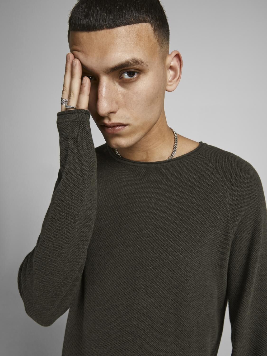 JACK & JONES Hill knit crew neck slim fit, heren pullover katoen met O-hals, groen melange
