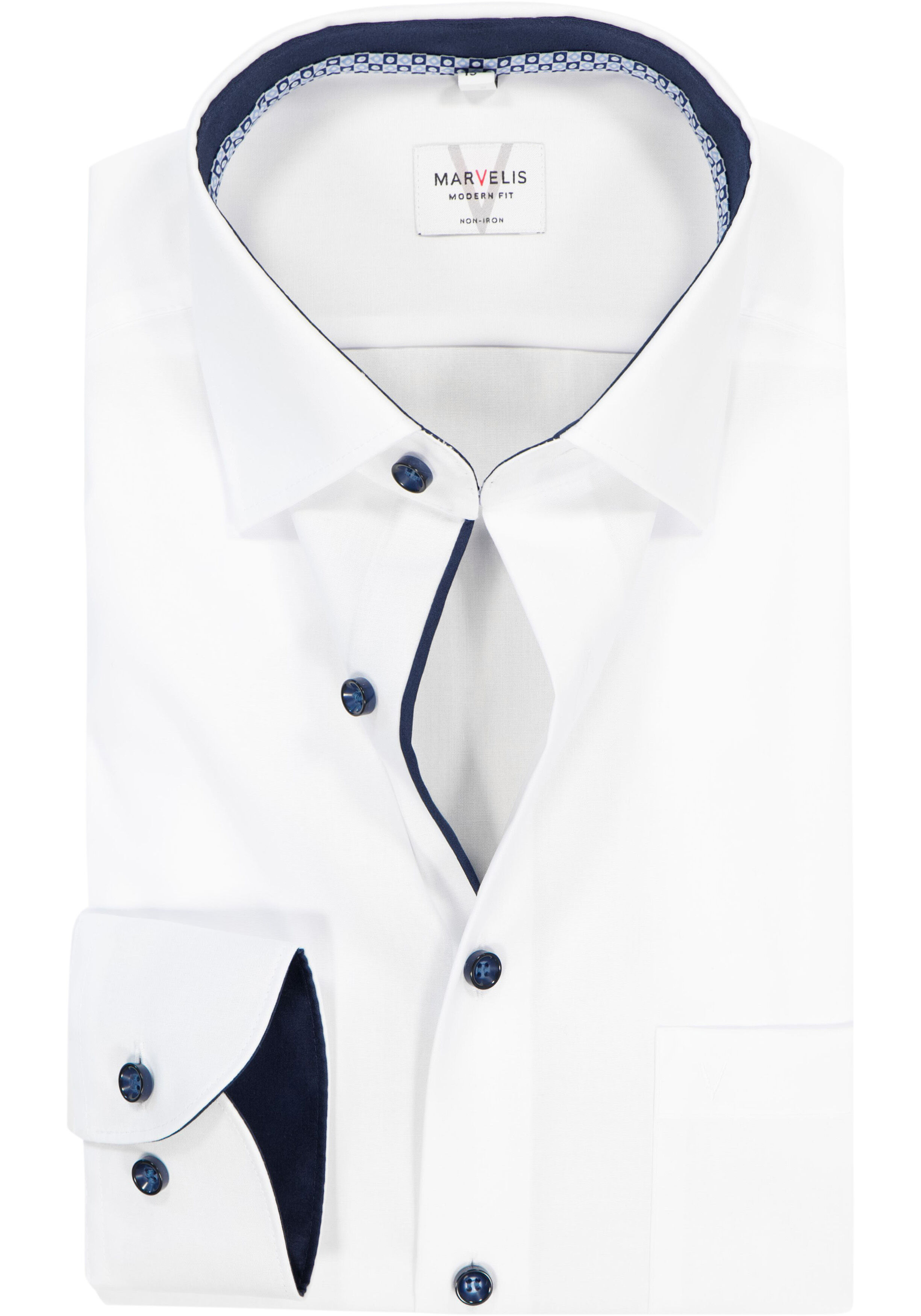 MARVELIS modern fit overhemd, mouwlengte 7, popeline, wit met blauw contrast en knopen