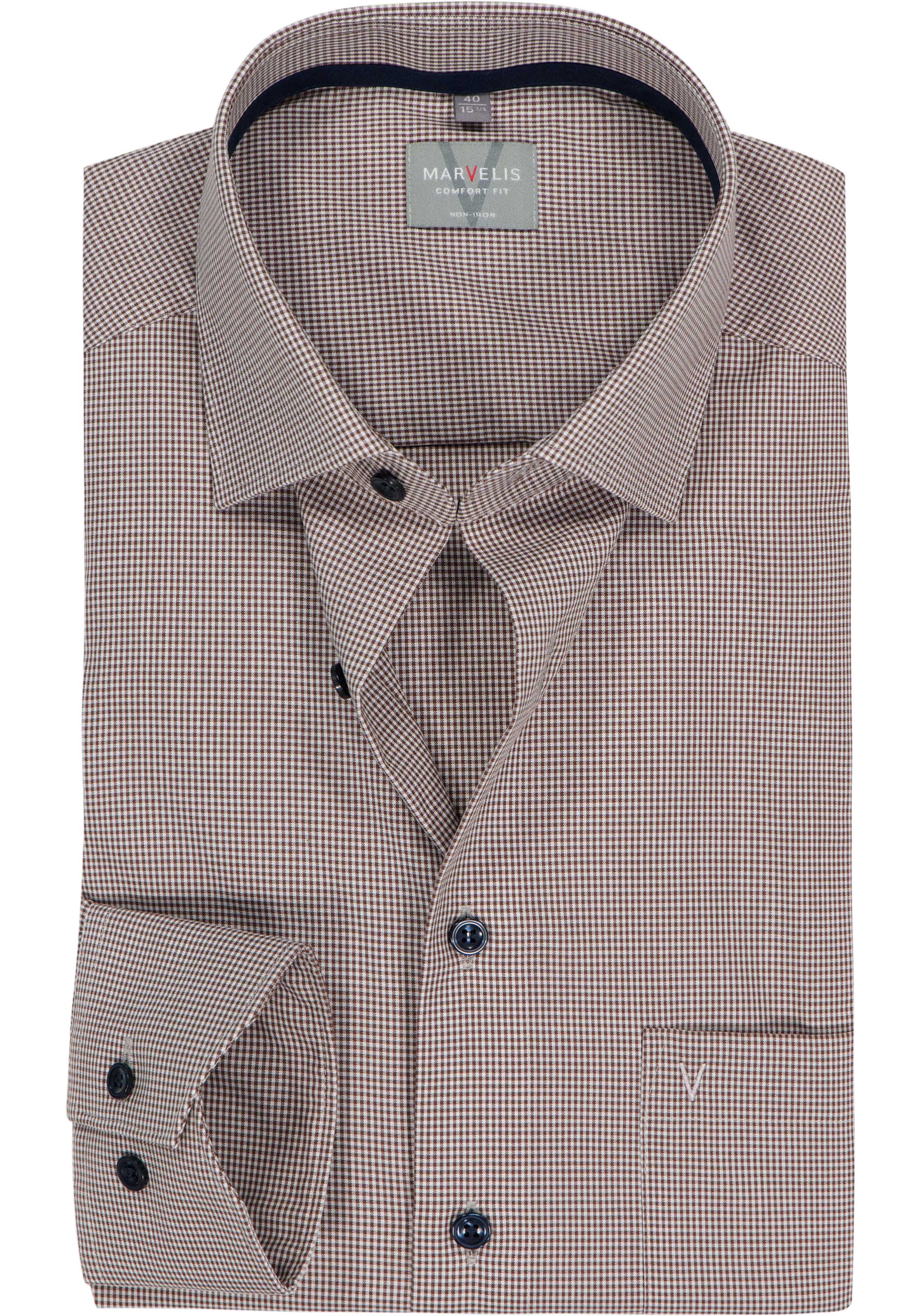 MARVELIS comfort fit overhemd, popeline, donkerbruin met wit geruit