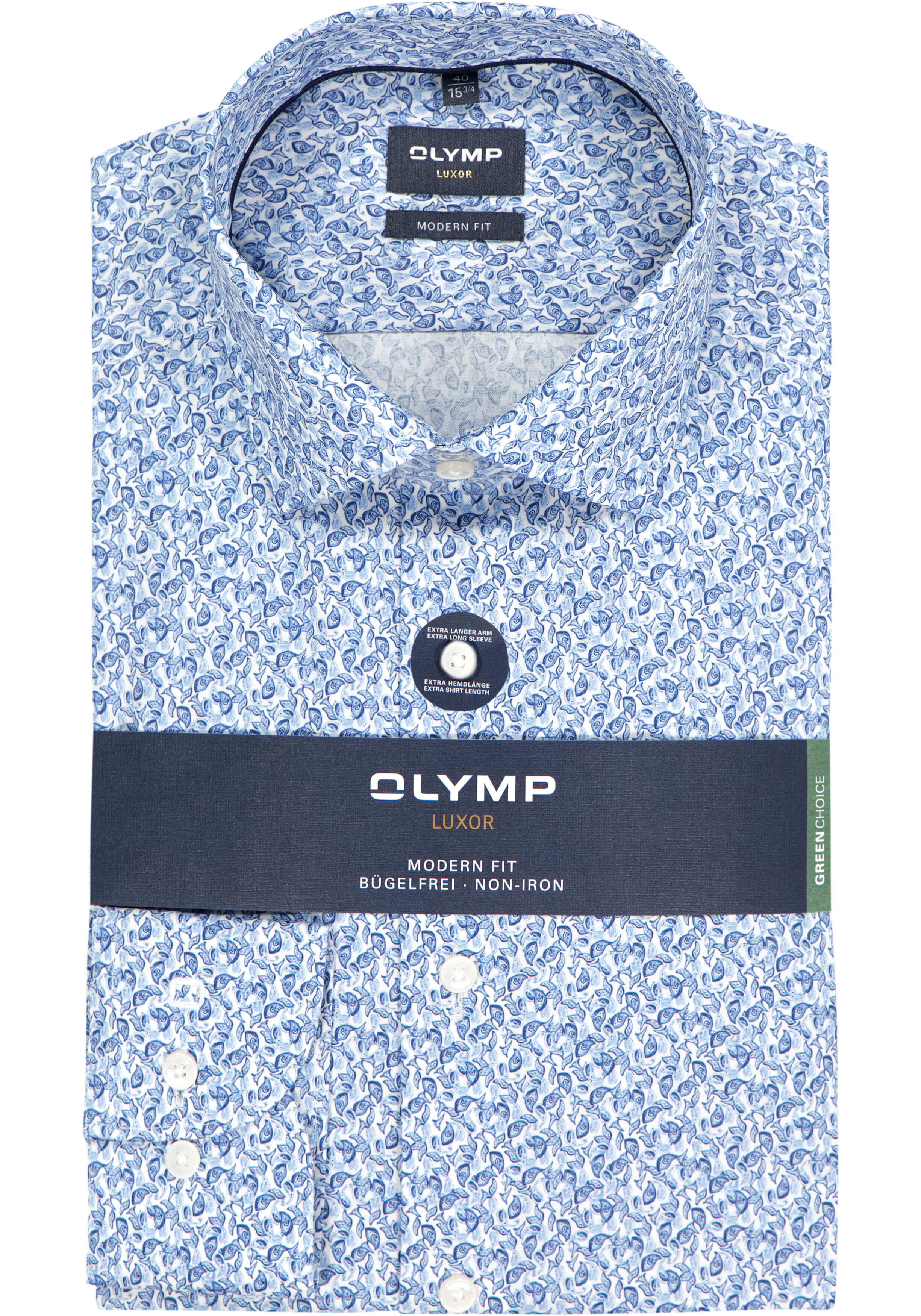 OLYMP Luxor modern fit overhemd, mouwlengte 7, dobby, lichtblauw met wit dessin