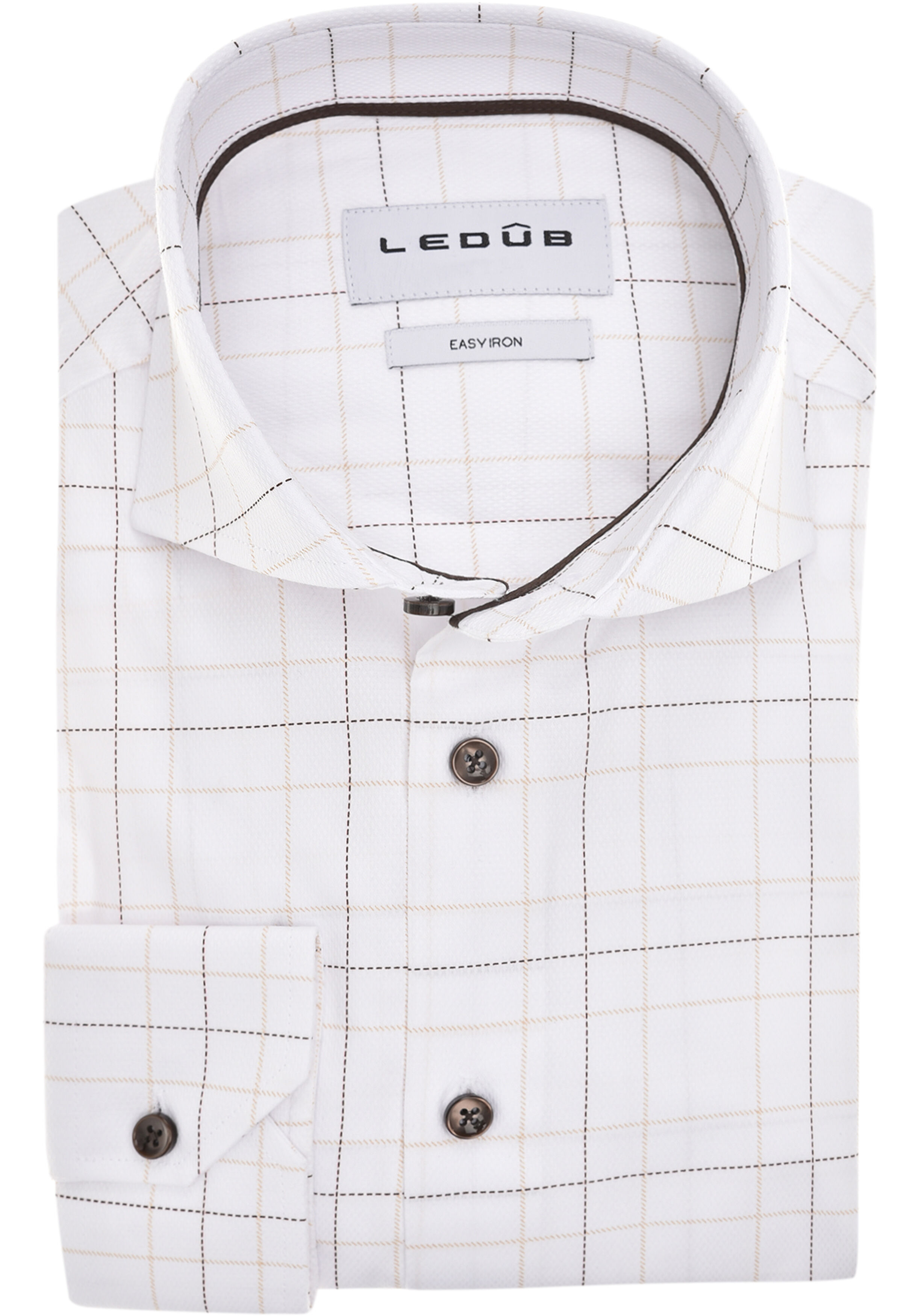 Ledub modern fit overhemd, mouwlengte 72 cm, popeline, wit met bruin en beige geruit