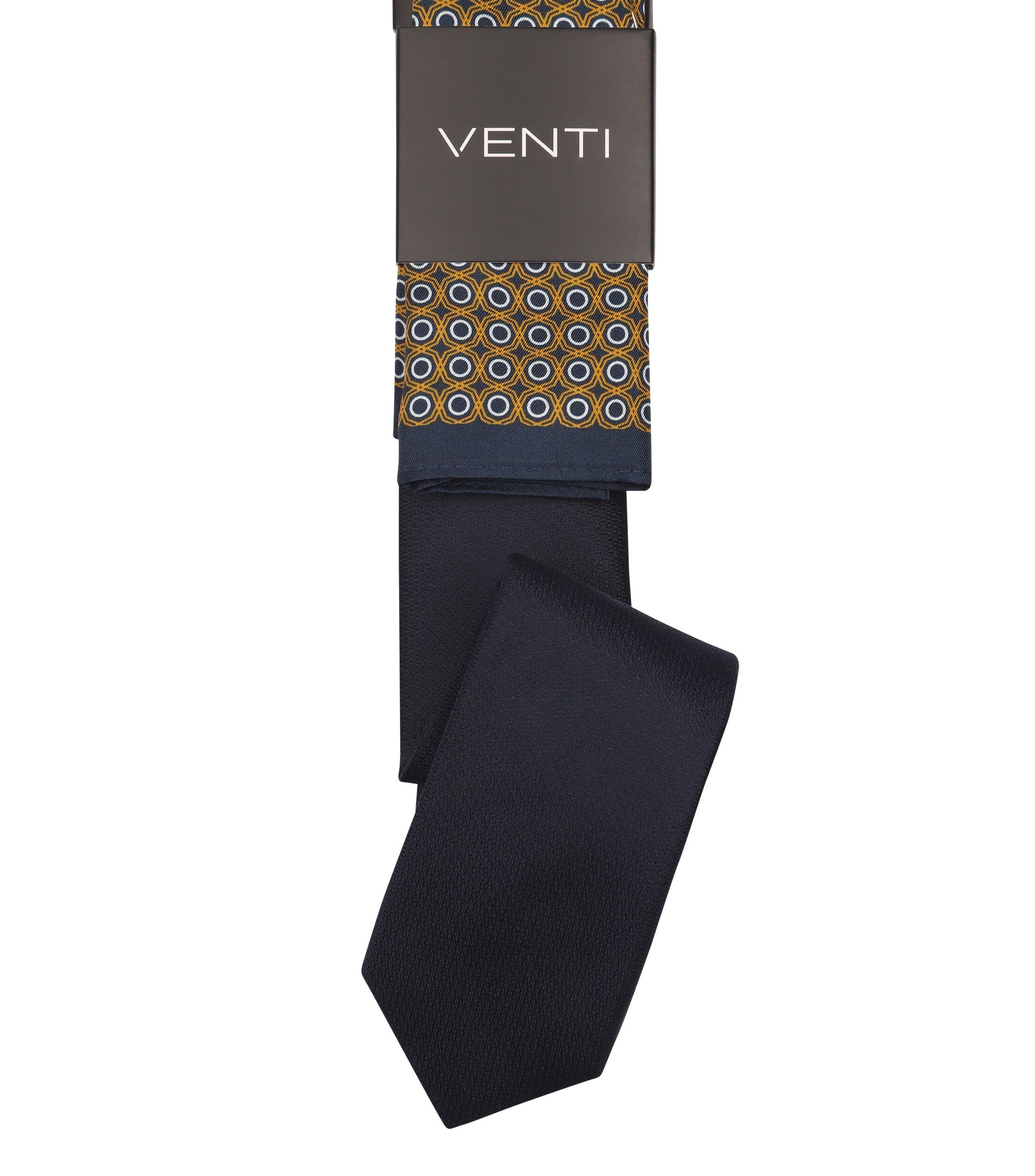 VENTI set met stropdas en pochet, donkerblauw, oker, wit dessin