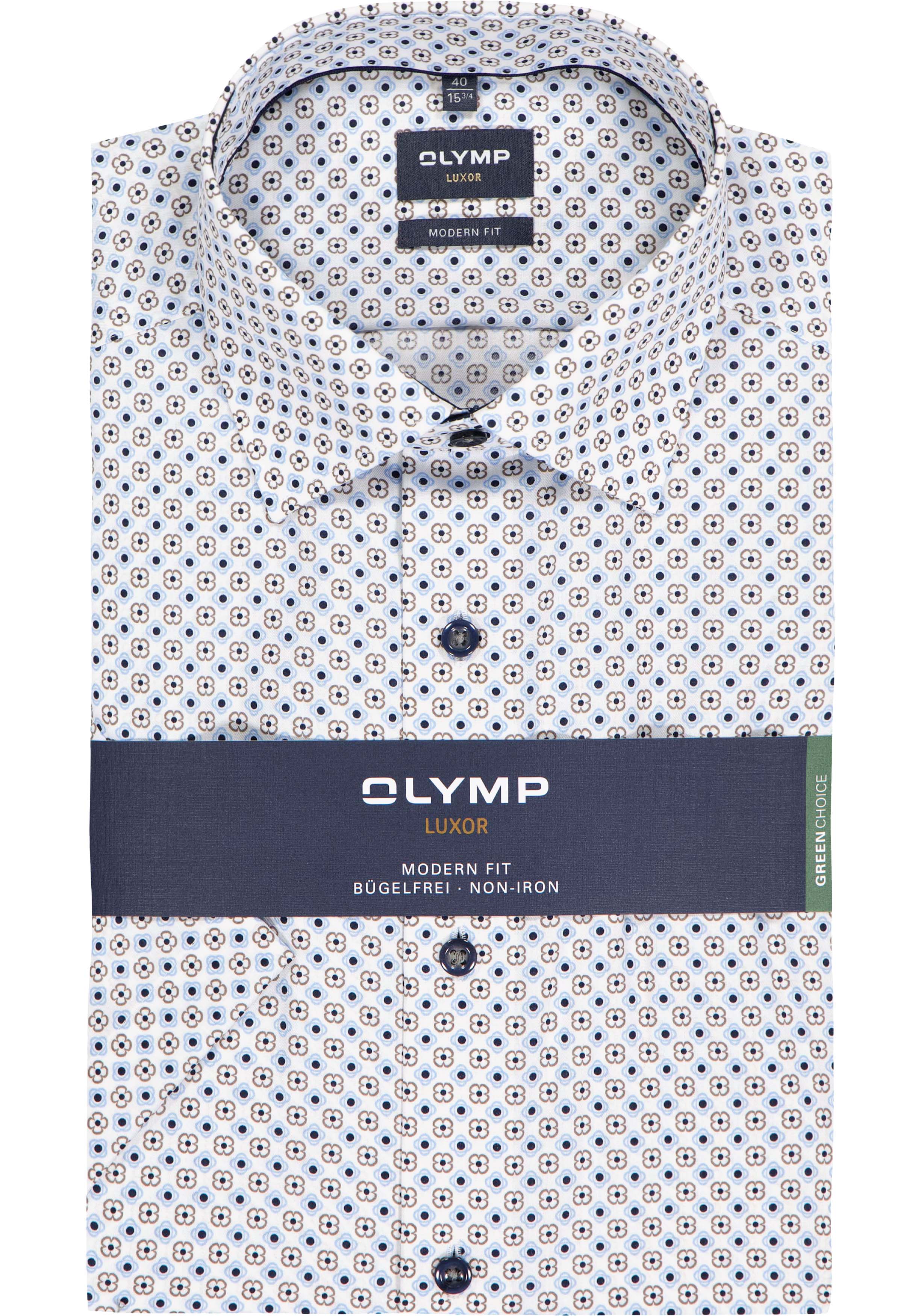 OLYMP Luxor modern fit overhemd, korte mouw, dobby, wit met blauw dessin