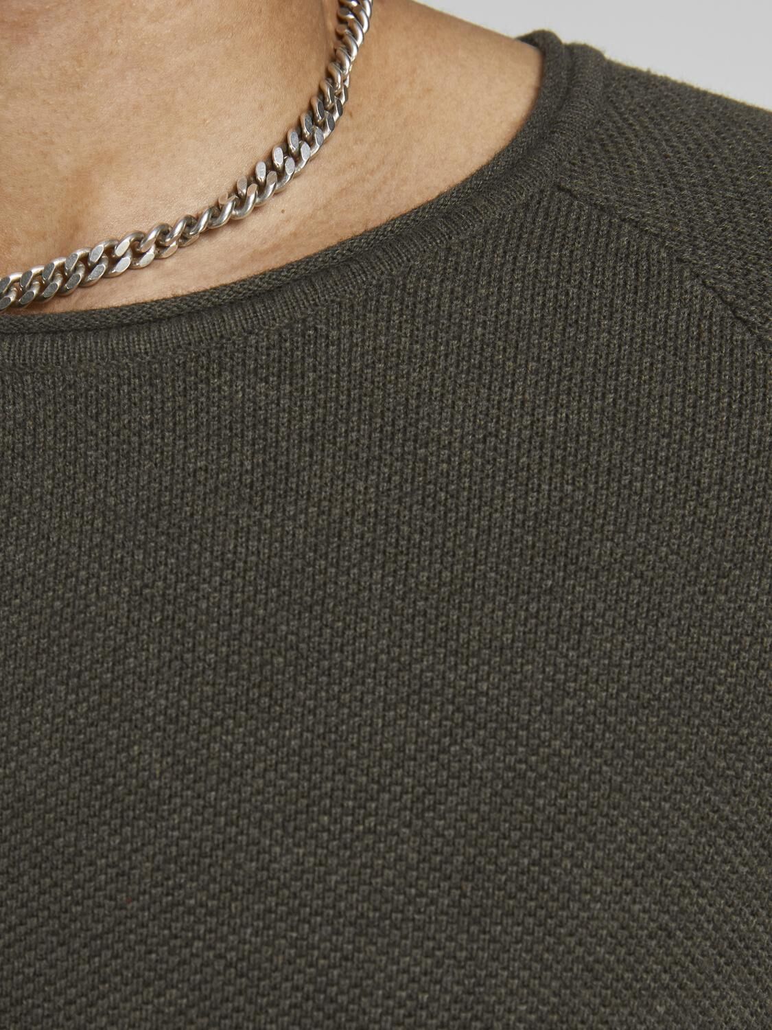 JACK & JONES Hill knit crew neck slim fit, heren pullover katoen met O-hals, groen melange