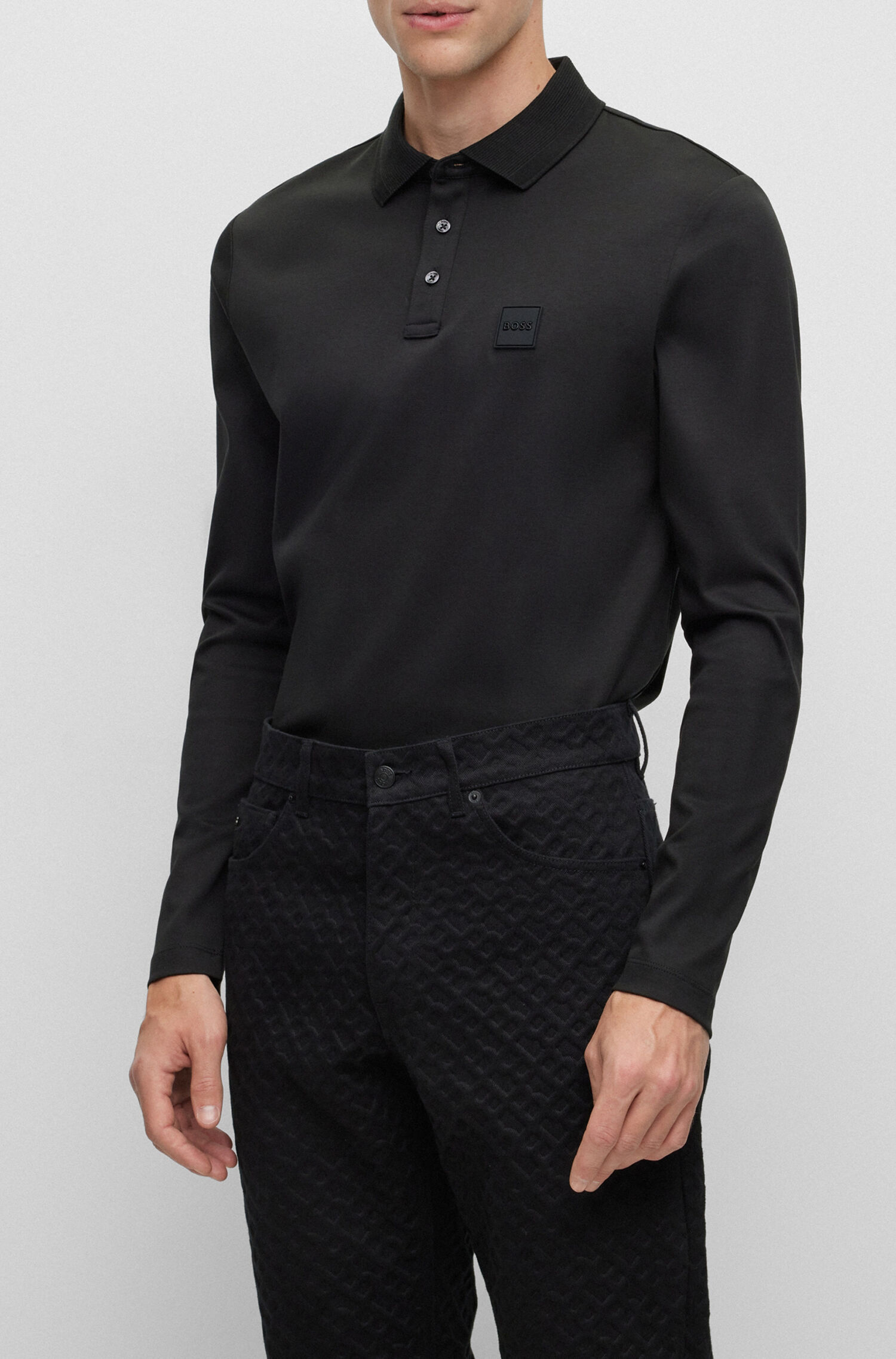 BOSS Pado regular fit polo lange mouw, jersey, zwart