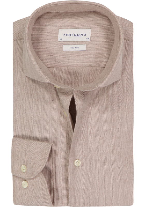 Profuomo slim fit heren overhemd, herringbone, beige Profuomo slim fit heren overhemd, herringbone, beige