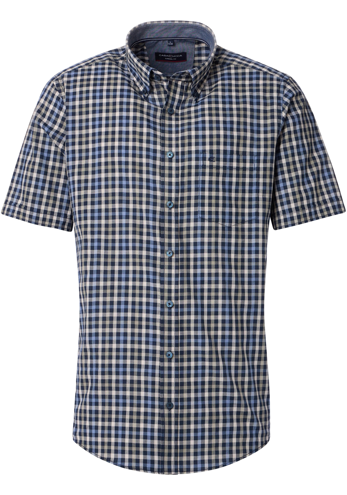 CASA MODA Sport casual fit overhemd, korte mouw, dobby, blauw met beige geruit CASA MODA Sport casual fit overhemd, korte mouw, dobby, blauw met beige geruit