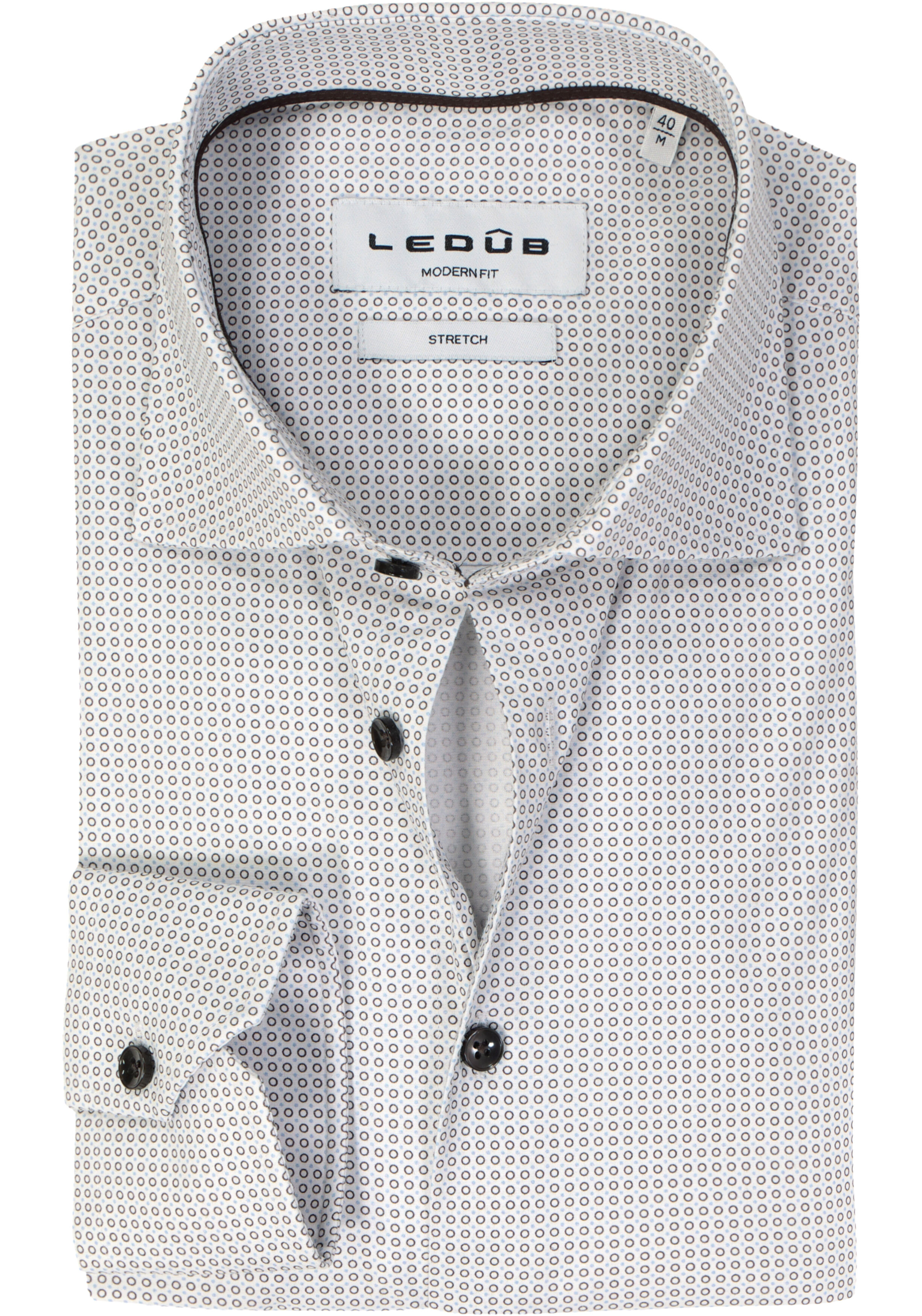 Ledub modern fit overhemd, popeline, donkerbruin met wit dessin