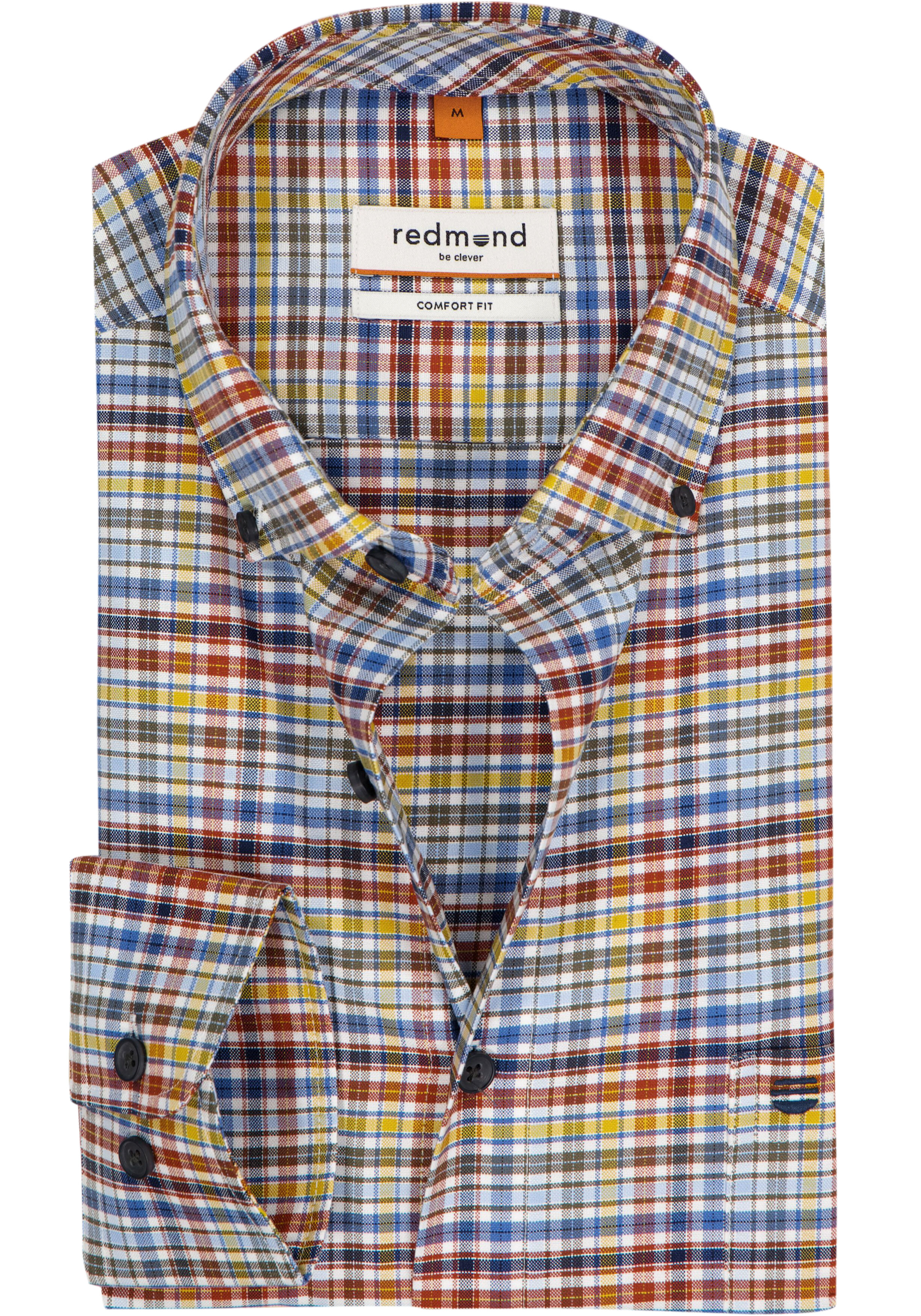 Redmond comfort fit overhemd, Oxford, blauw met wit, groen, geel en bruin geruit