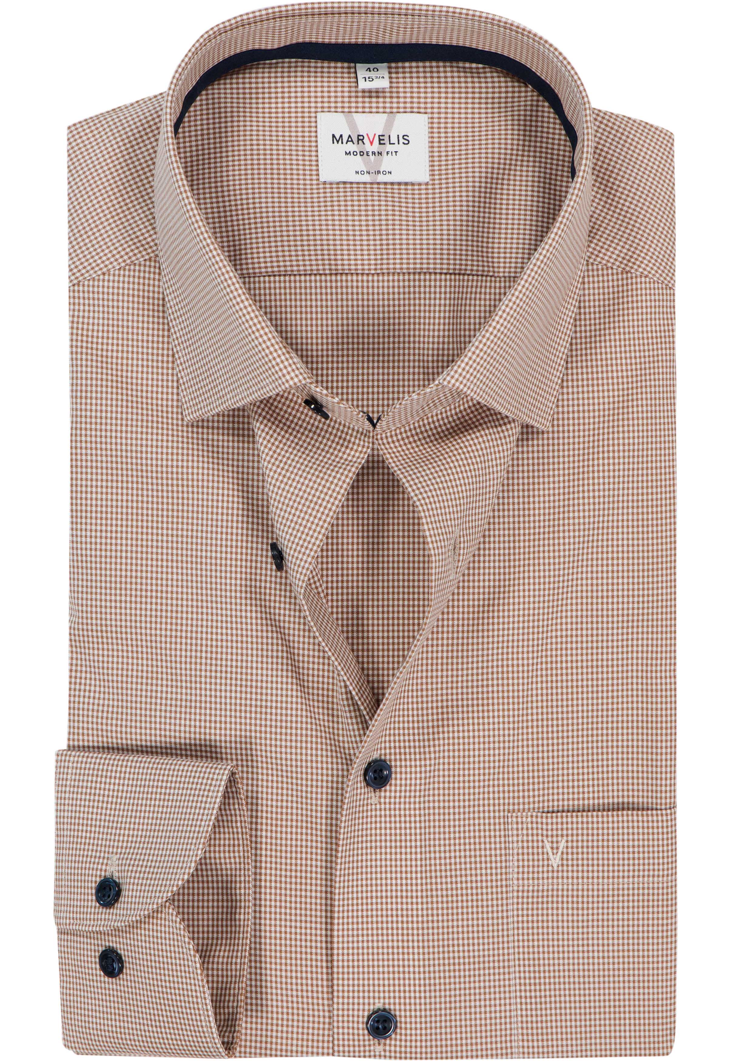 MARVELIS modern fit overhemd, popeline, lichtbruin met wit geruit