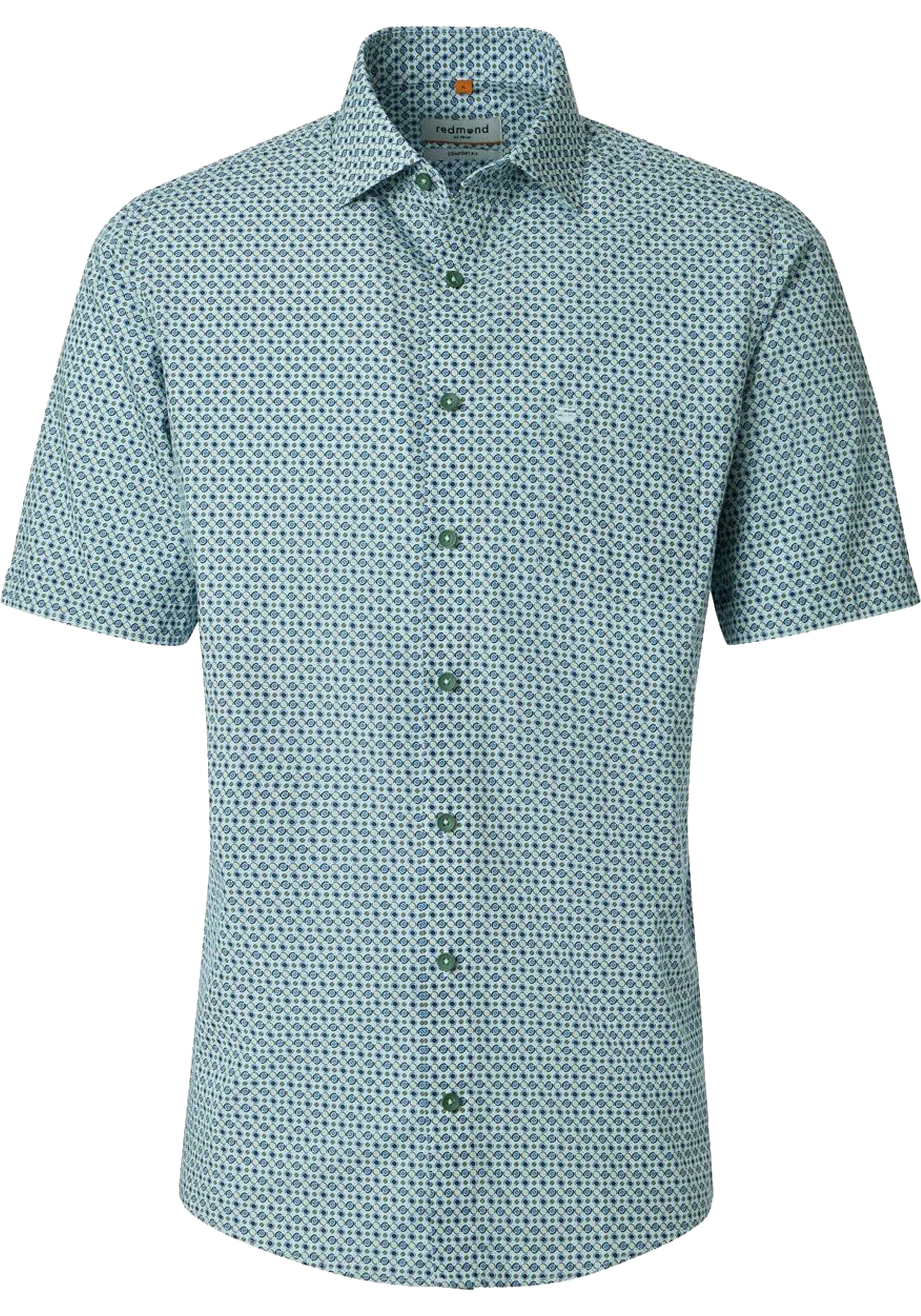 Redmond comfort fit overhemd, korte mouw, popeline, wit met licht- en donkerblauw met groen dessin