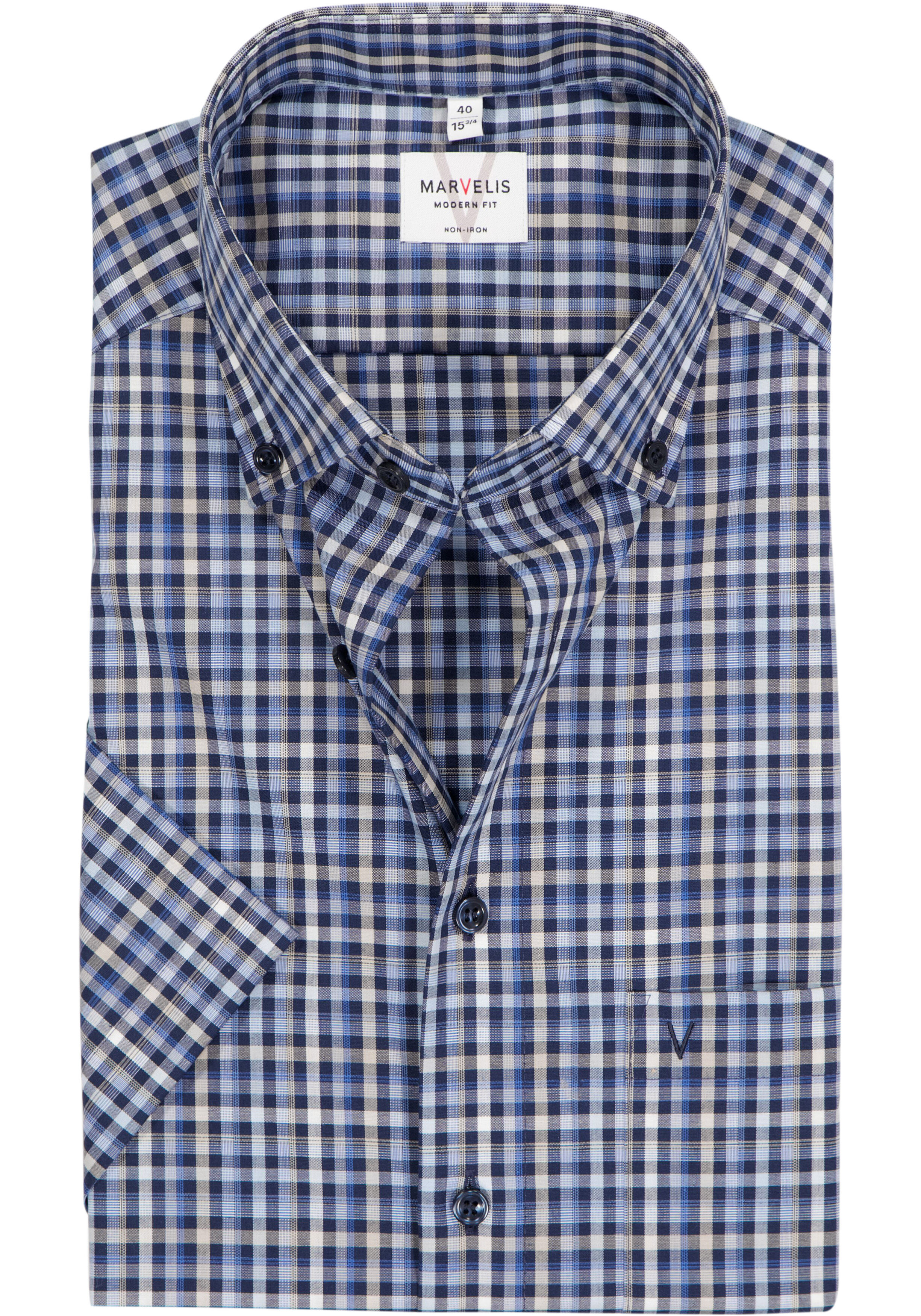 MARVELIS modern fit overhemd, korte mouw, popeline, blauw met wit en beige geruit