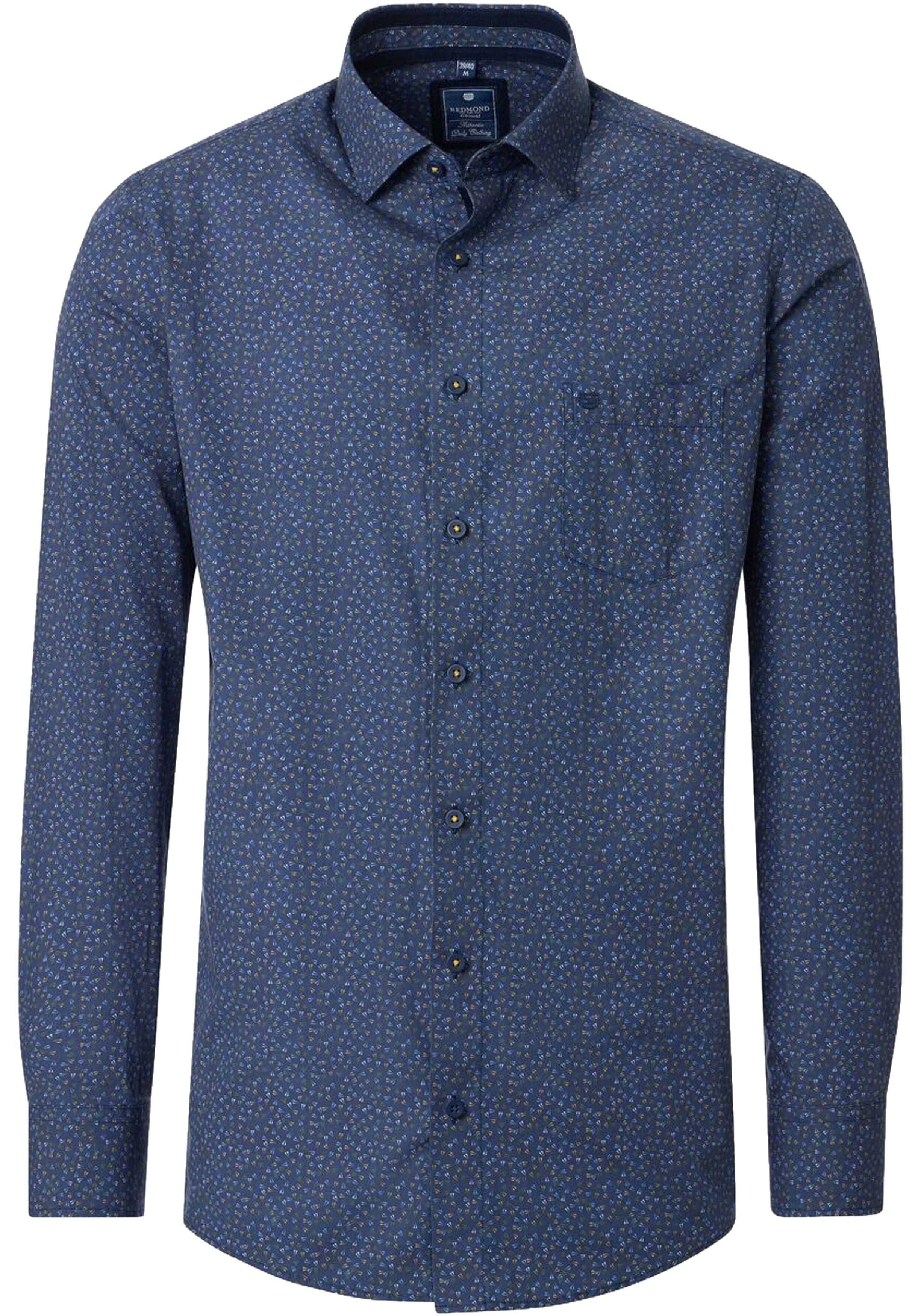 Redmond comfort fit overhemd, popeline, donkerblauw met geel en lichtblauw dessin