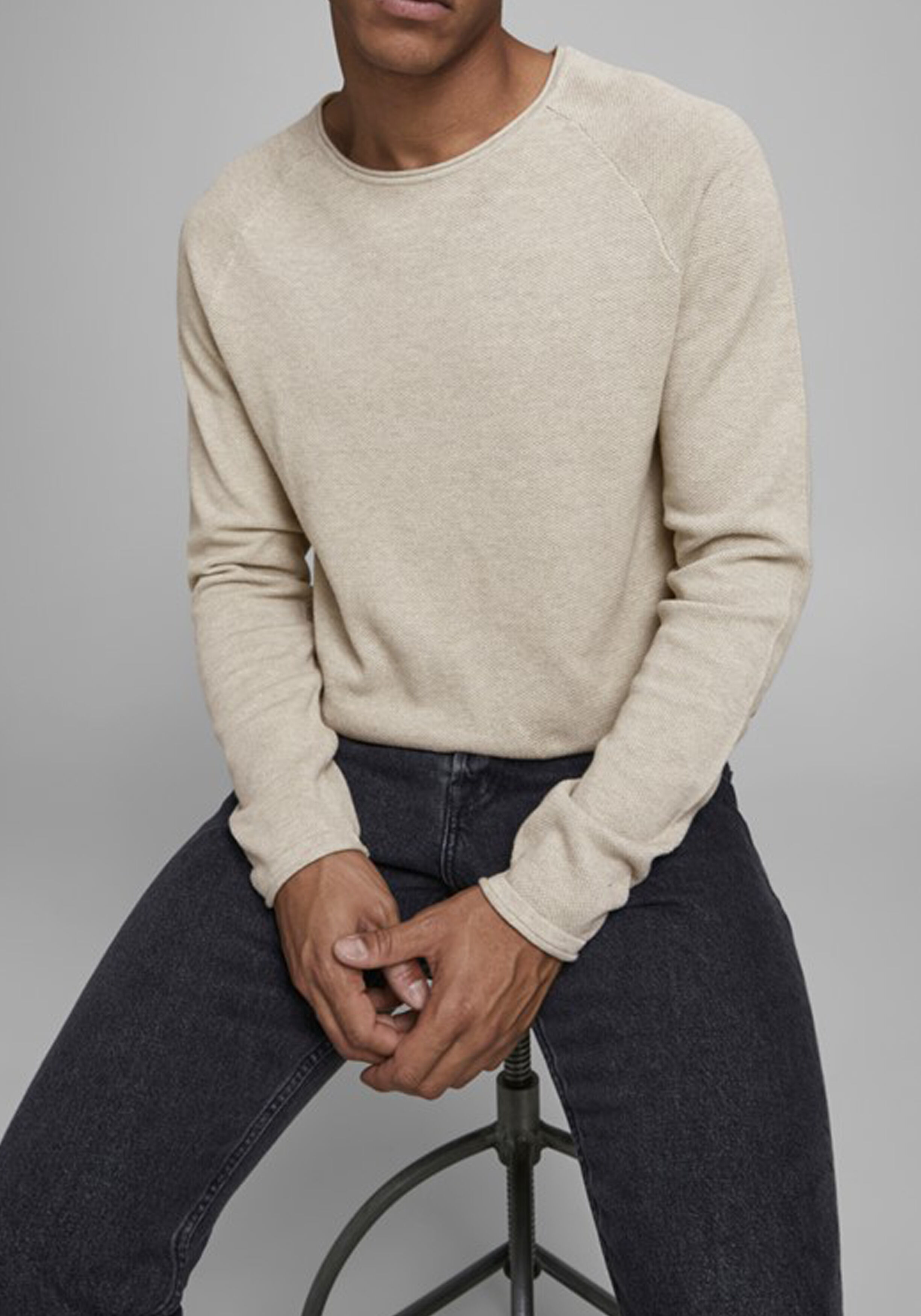 JACK & JONES slim fit trui katoen, O-hals, beige
