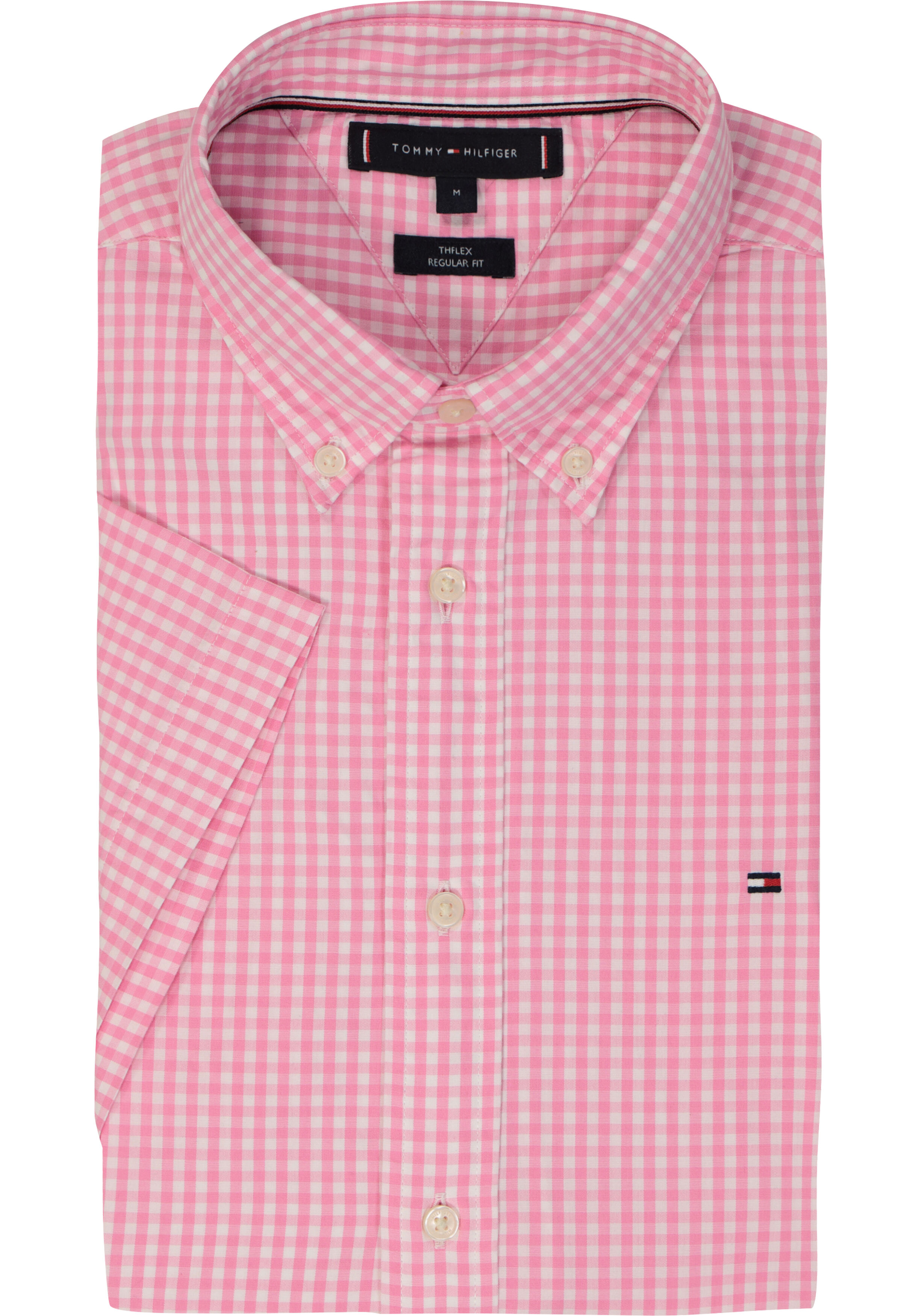 Tommy Hilfiger Flex Poplin Regular Fit Shirt, korte mouw, popeline, roze met wit geruit