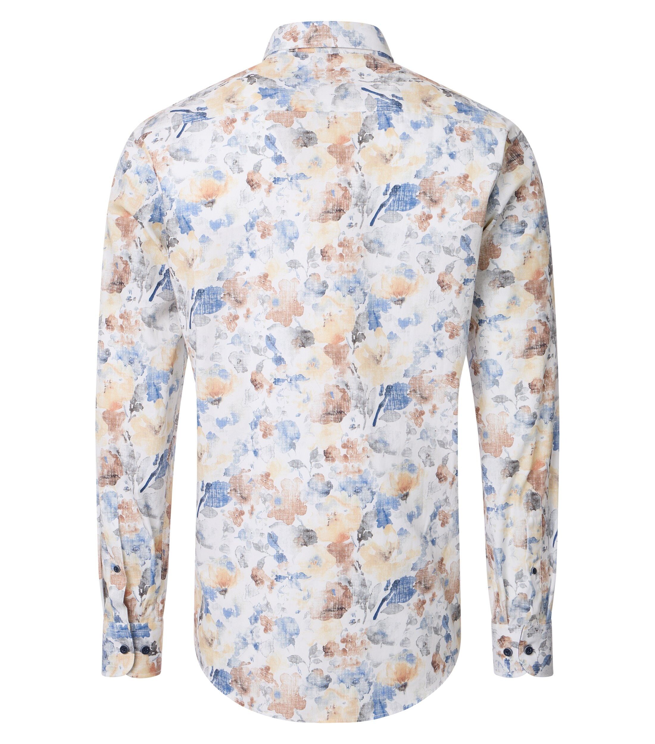 CASA MODA Sport casual fit overhemd, popeline, wit met geel, blauw en bruin bloemen dessin