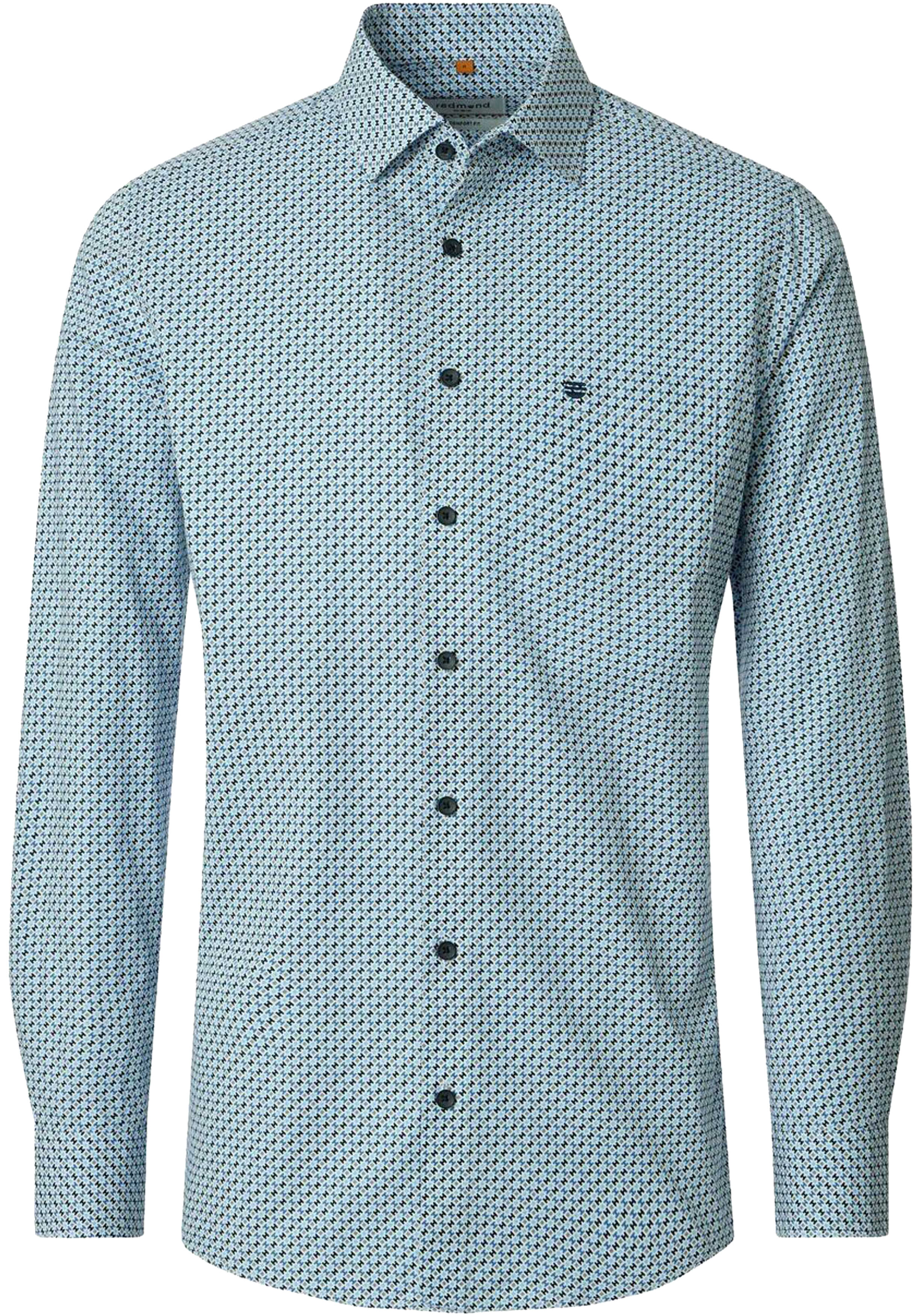 Redmond comfort fit overhemd, popeline, wit met licht- en donkerblauw en beige dessin