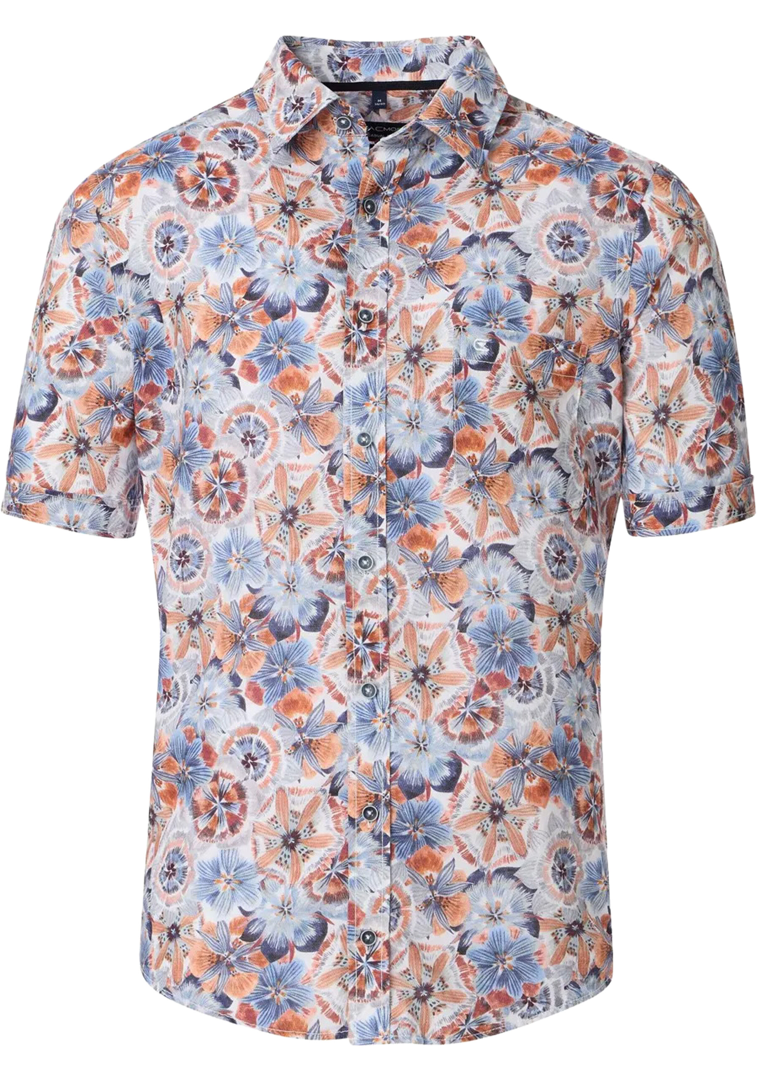 CASA MODA Sport casual fit overhemd, korte mouw, popeline, donkerblauw, wit en beige dessin