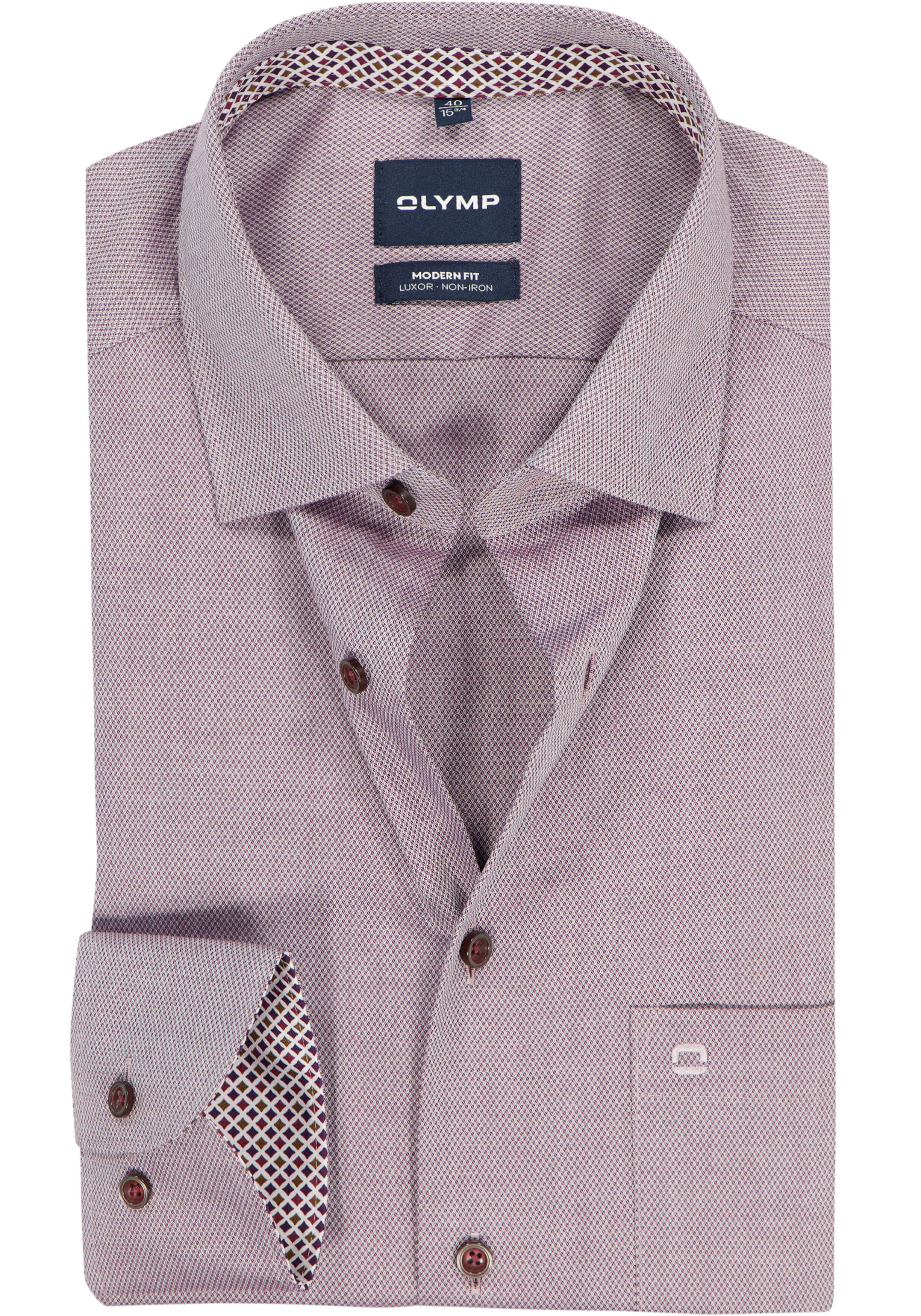 OLYMP Luxor modern fit overhemd, mouwlengte 7, structuur, bordeaux rood