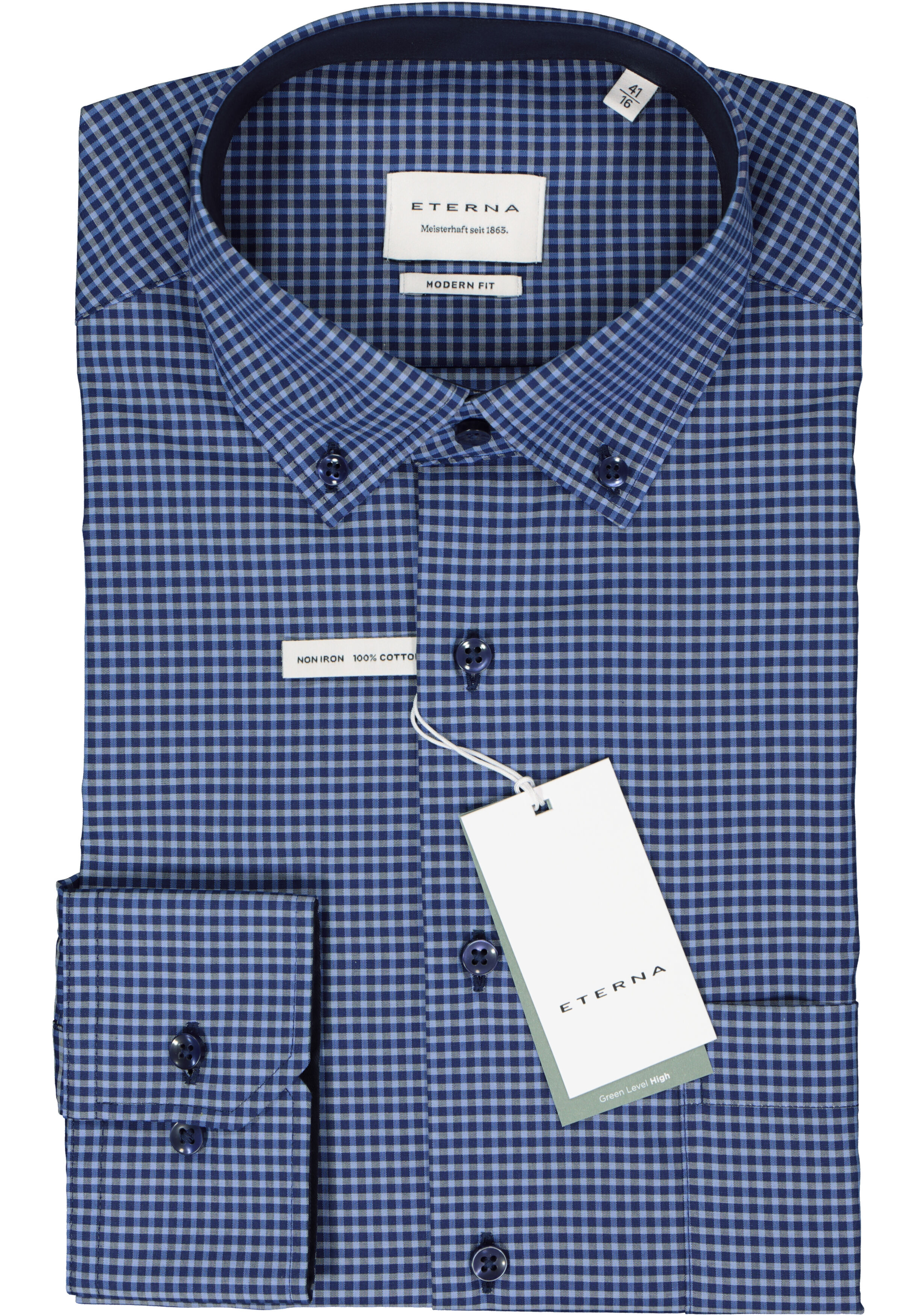 ETERNA modern fit overhemd, popeline, blauw geruit (contrast)