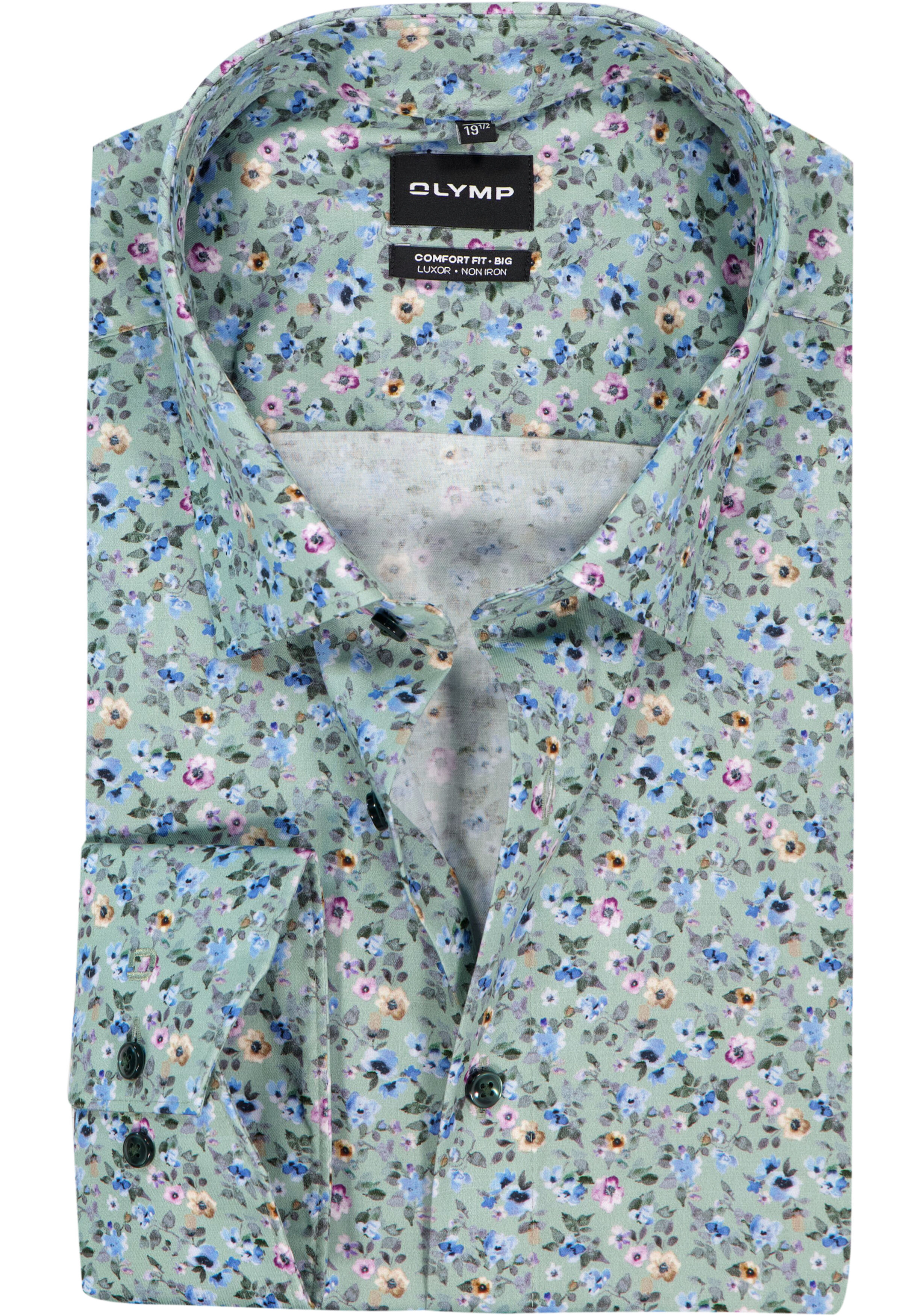 OLYMP Luxor comfort fit Big overhemd, dobby, groen met blauw en roze bloemetjes dessin