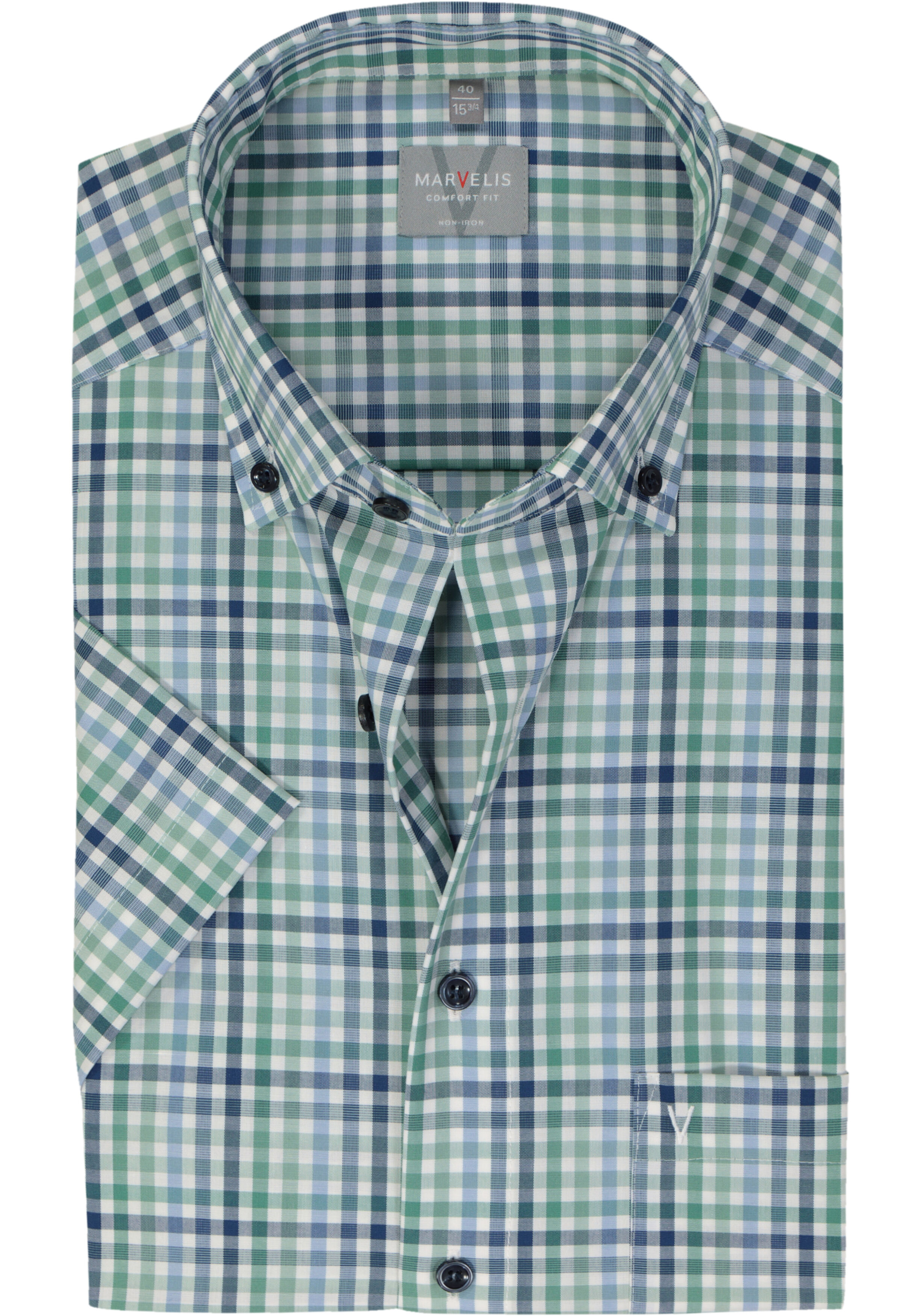 MARVELIS comfort fit overhemd, korte mouw, popeline, groen geruit