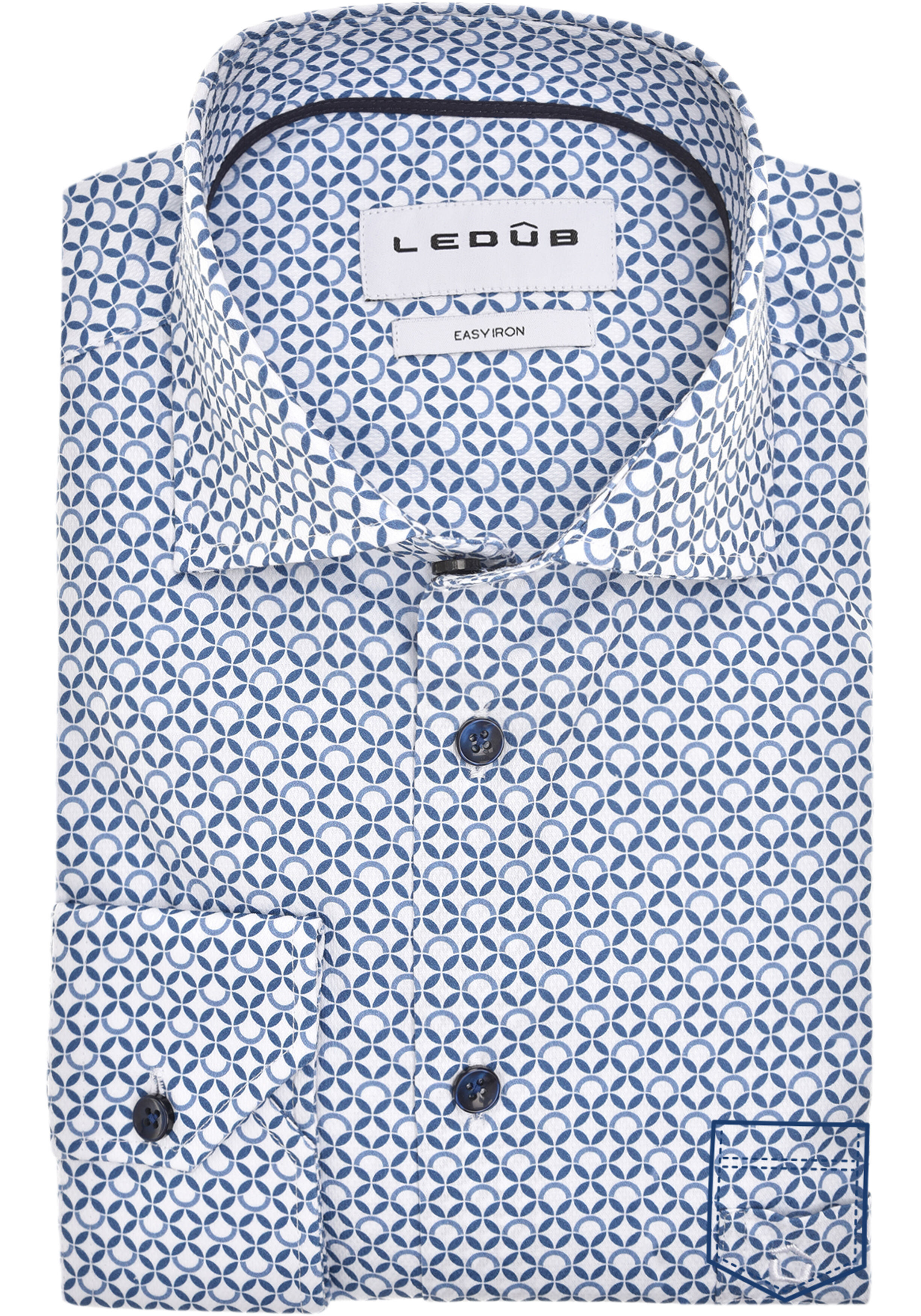 Ledub modern fit overhemd, mouwlengte 72 cm, popeline, blauw met wit dessin
