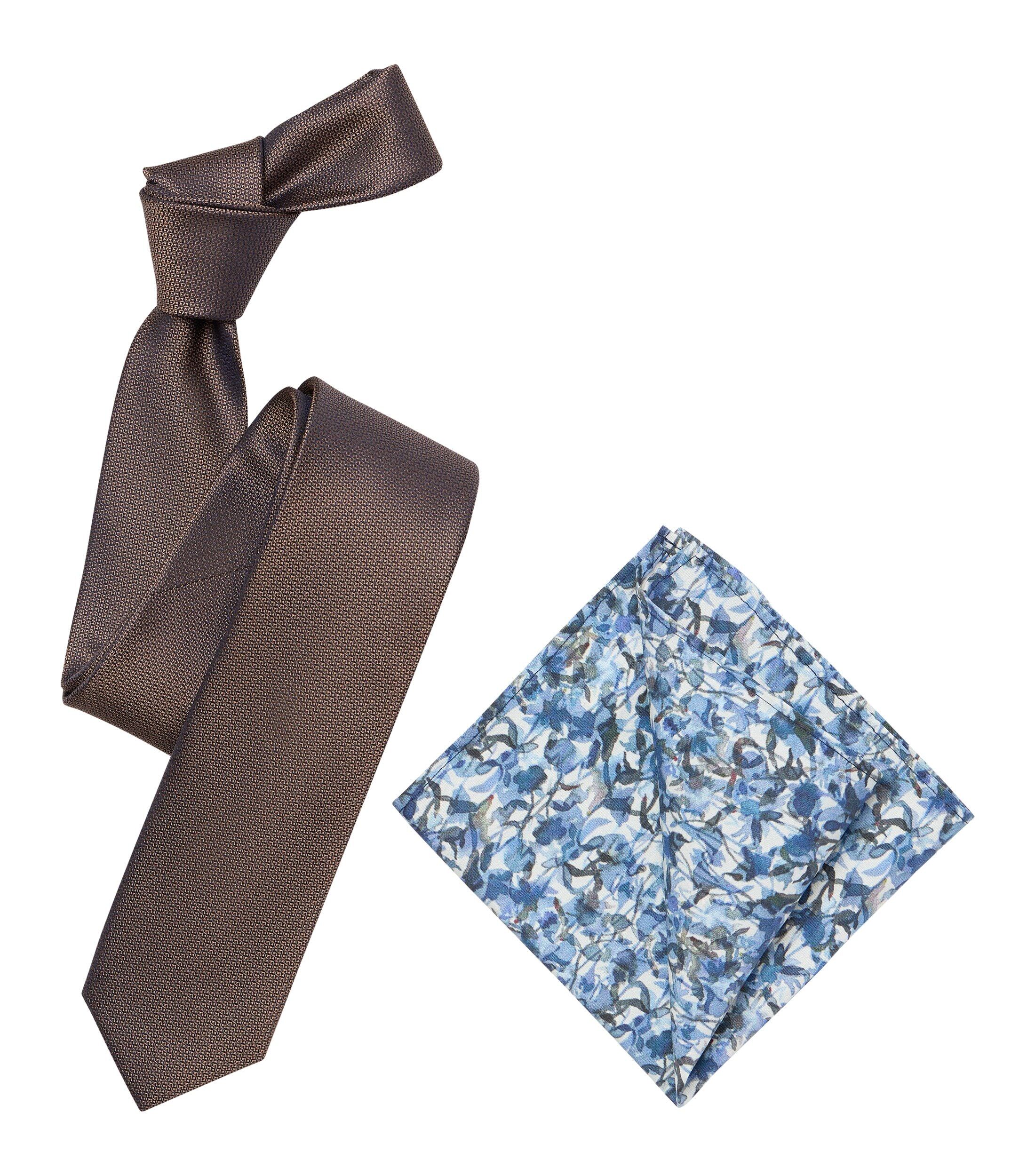 VENTI set met stropdas en pochet, bruin, blauw, wit dessin