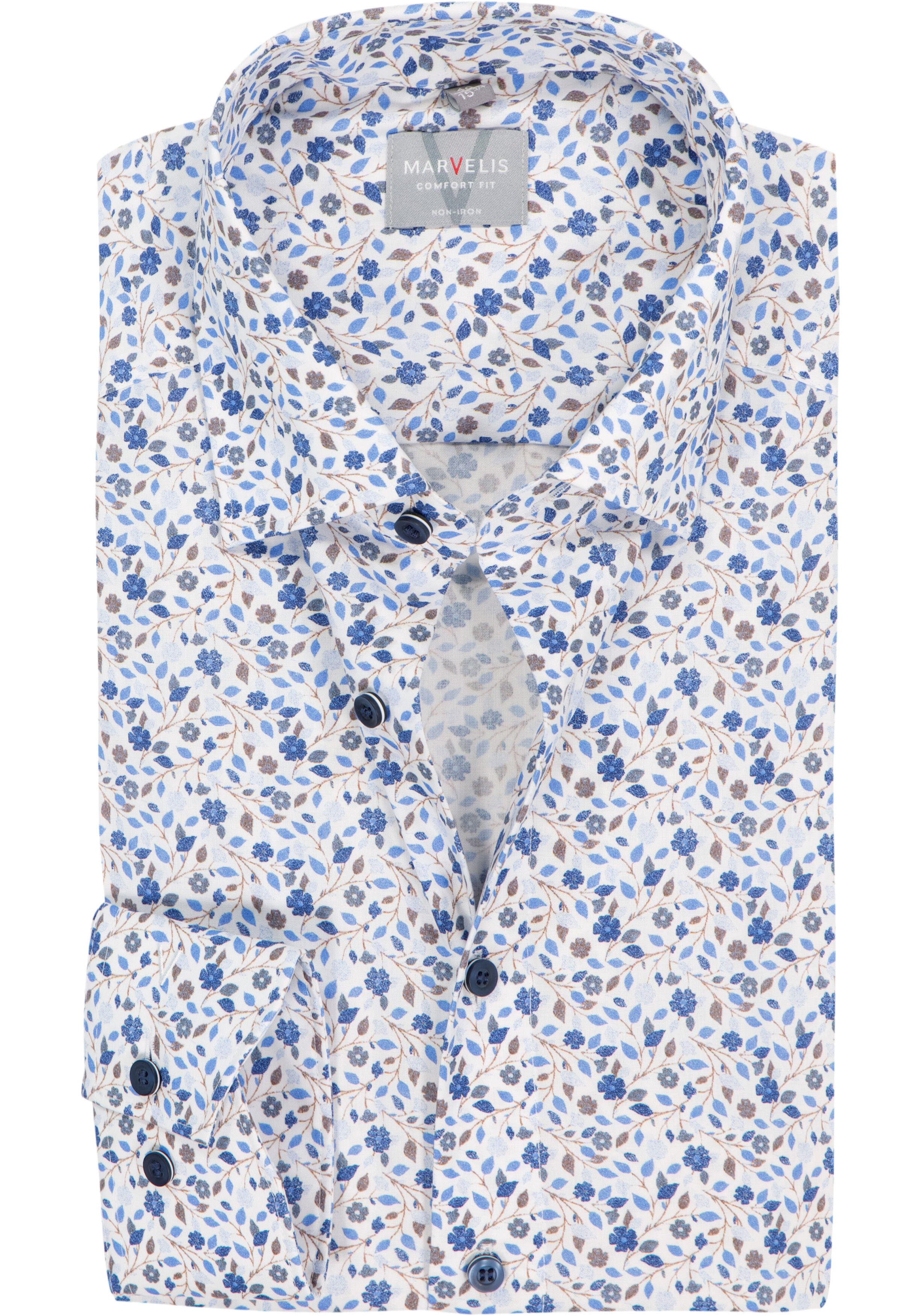 MARVELIS comfort fit overhemd, popeline, wit met blauw en beige bloemen dessin
