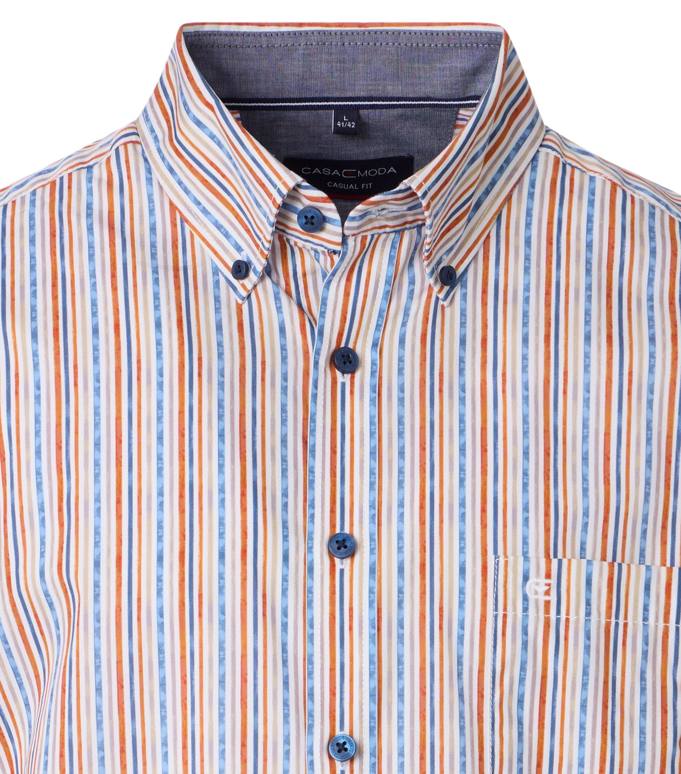 CASA MODA Sport casual fit overhemd, korte mouw, popeline, oranje met blauw en wit gestreept