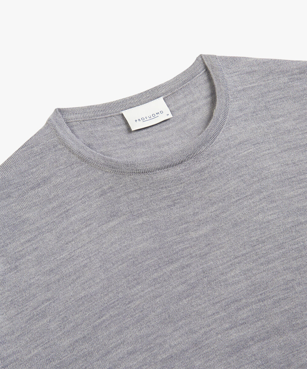 Profuomo heren trui wol, slim fit trui met O-hals, grijs