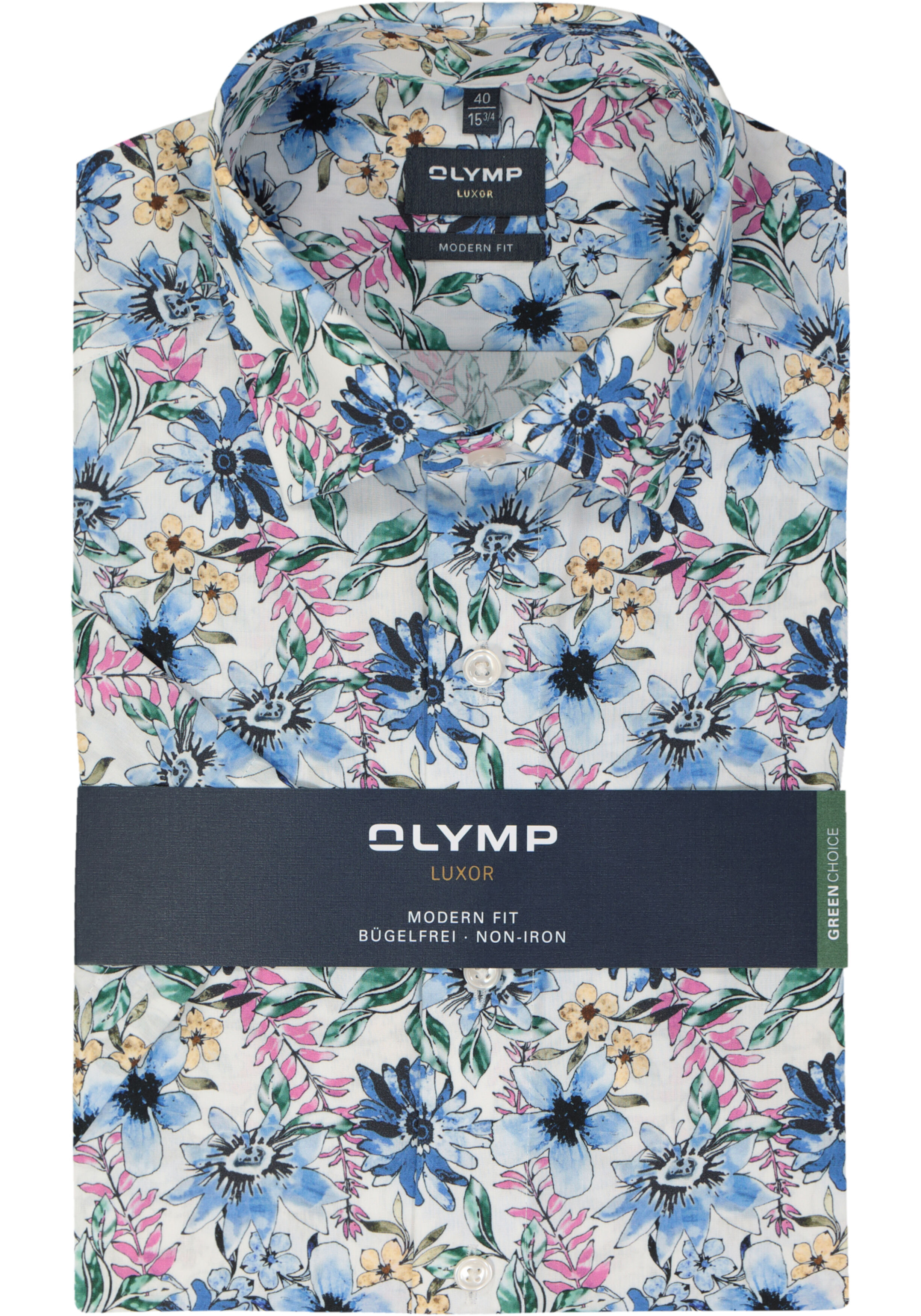 OLYMP modern fit overhemd, korte mouw, popeline, wit met blauw, groen en roze bloemen dessin