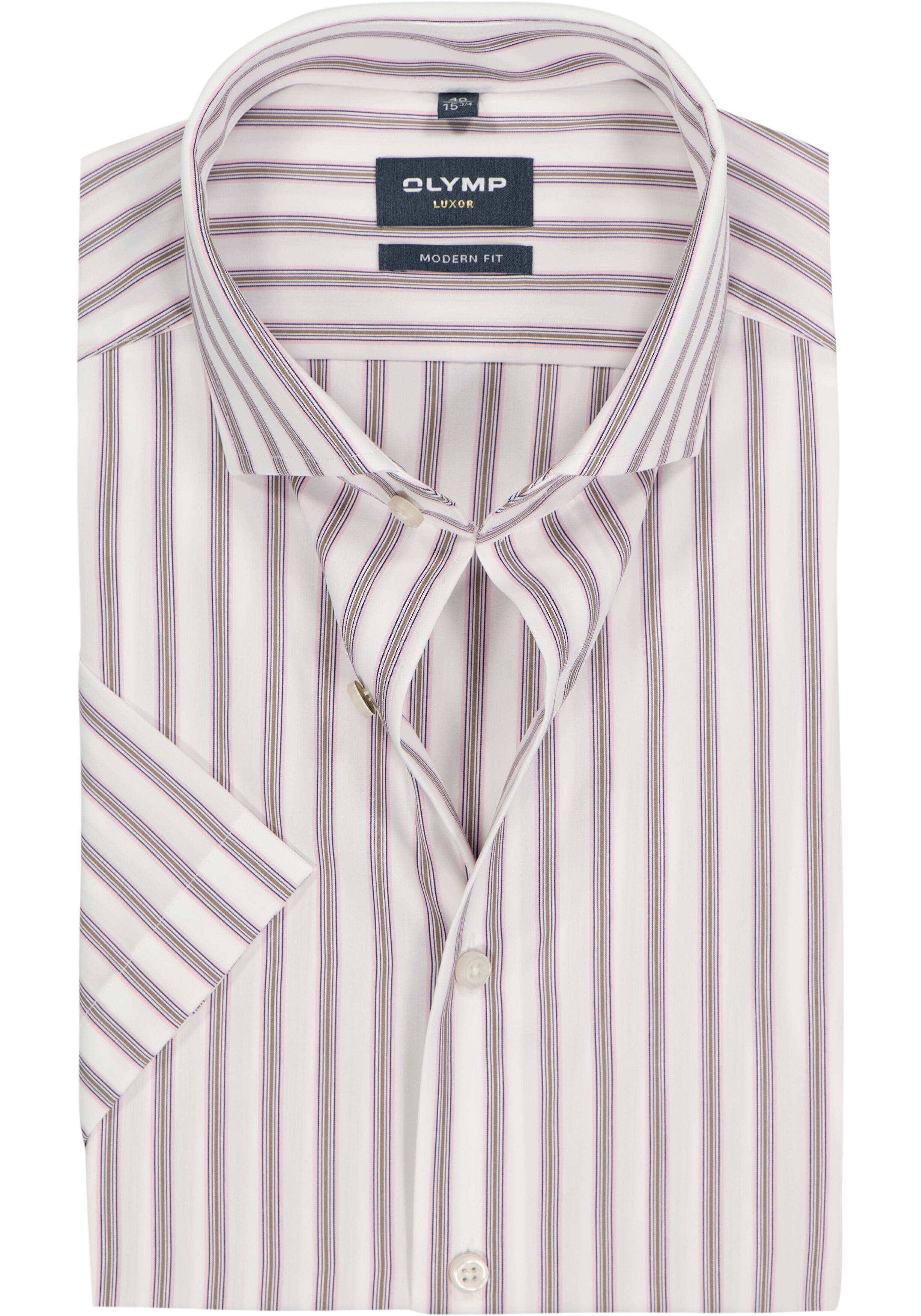 OLYMP Luxor modern fit overhemd, korte mouw, popeline, wit met roze blauw en bruin gestreept