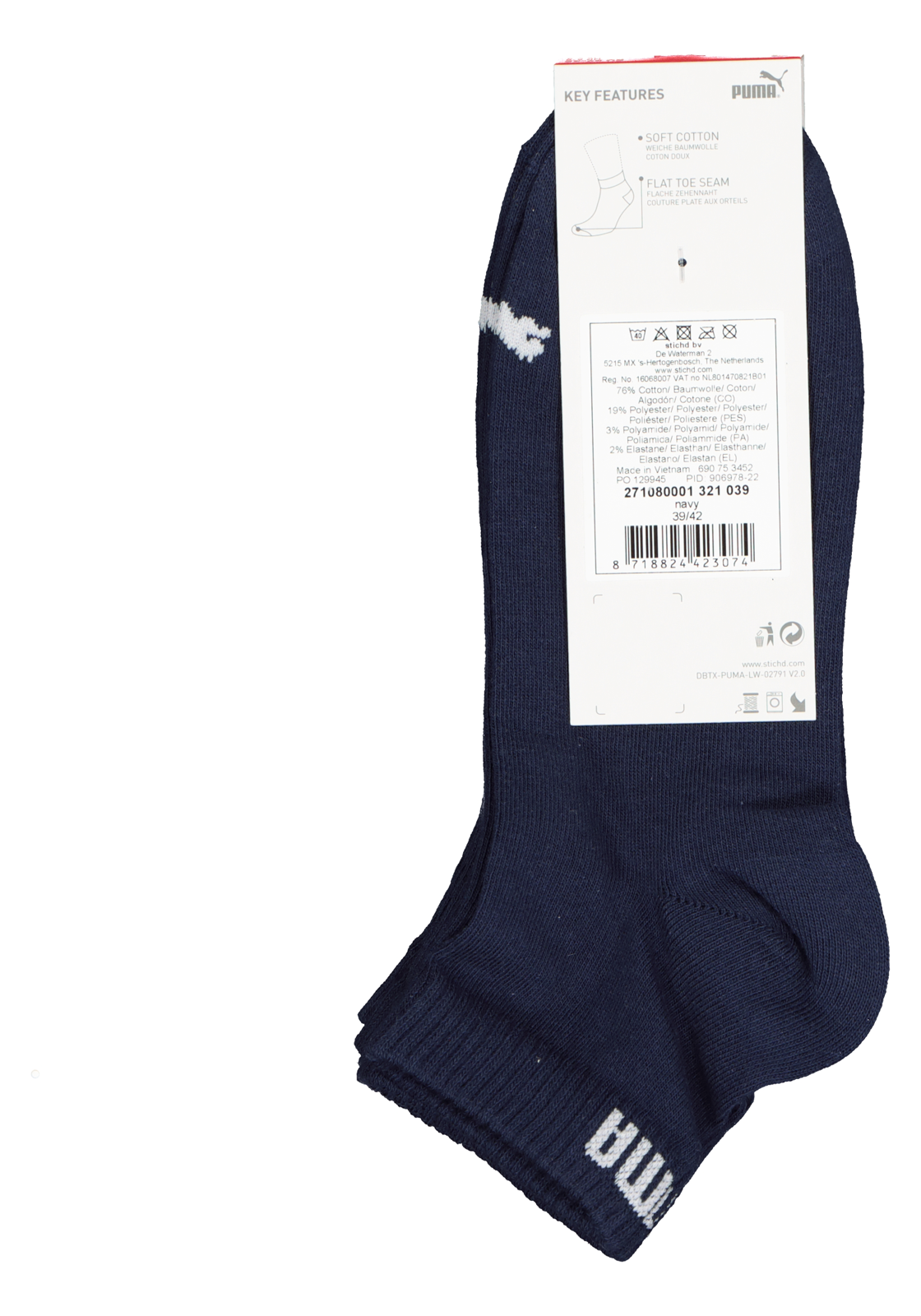 04-8718824423067-puma_sokken-3_pack_HR Puma Unisex Quarter Plain (3-pack), unisex hoge enkelsokken, navy blauw